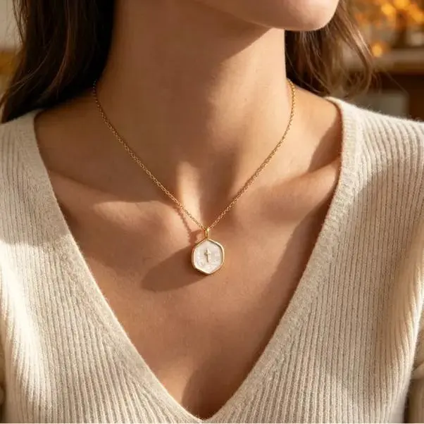 Women's Dainty Gold Mini Cross Pendant Necklace - Stainless Steel Tarnish Proof Jewelry, Hypoallergenic Paper Clip Chain for Layering, Daily Wear Layered Gold Chains