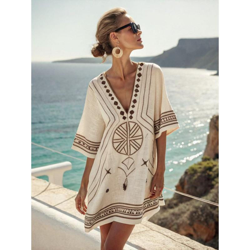 2026 New Hot-Selling Beach Vacation Style V-Neck Bohemian Printed Loose Beach Dress Vacation Style