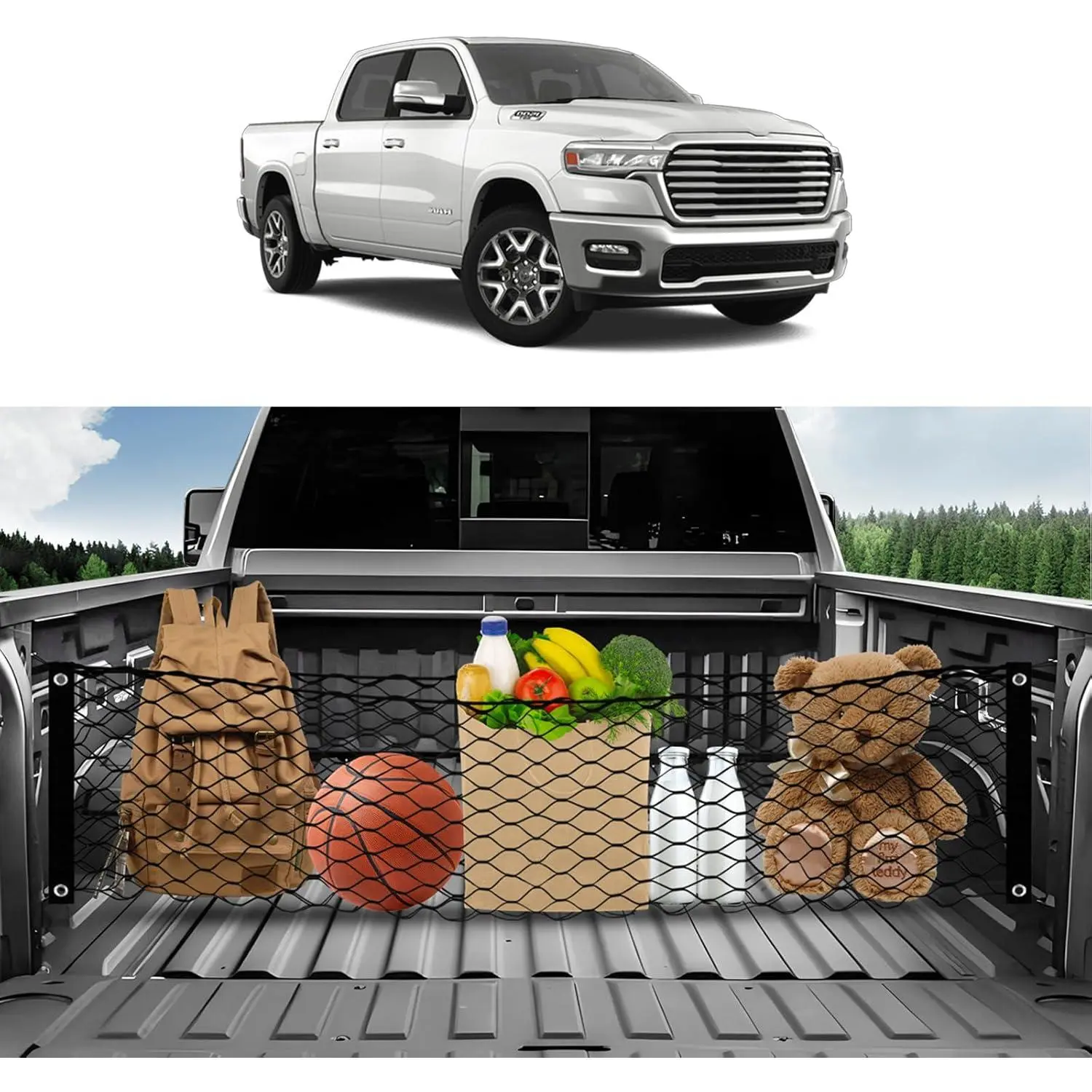 Stretchable Truck Bed Cargo Net with Hooks, Heavy Duty Trunk Organizer for Storage and Divider, Adjustable Tailgate Net Compatible with Ford F150, Chevy Silverado, GMC Sierra Accessories - 50x18 Inches