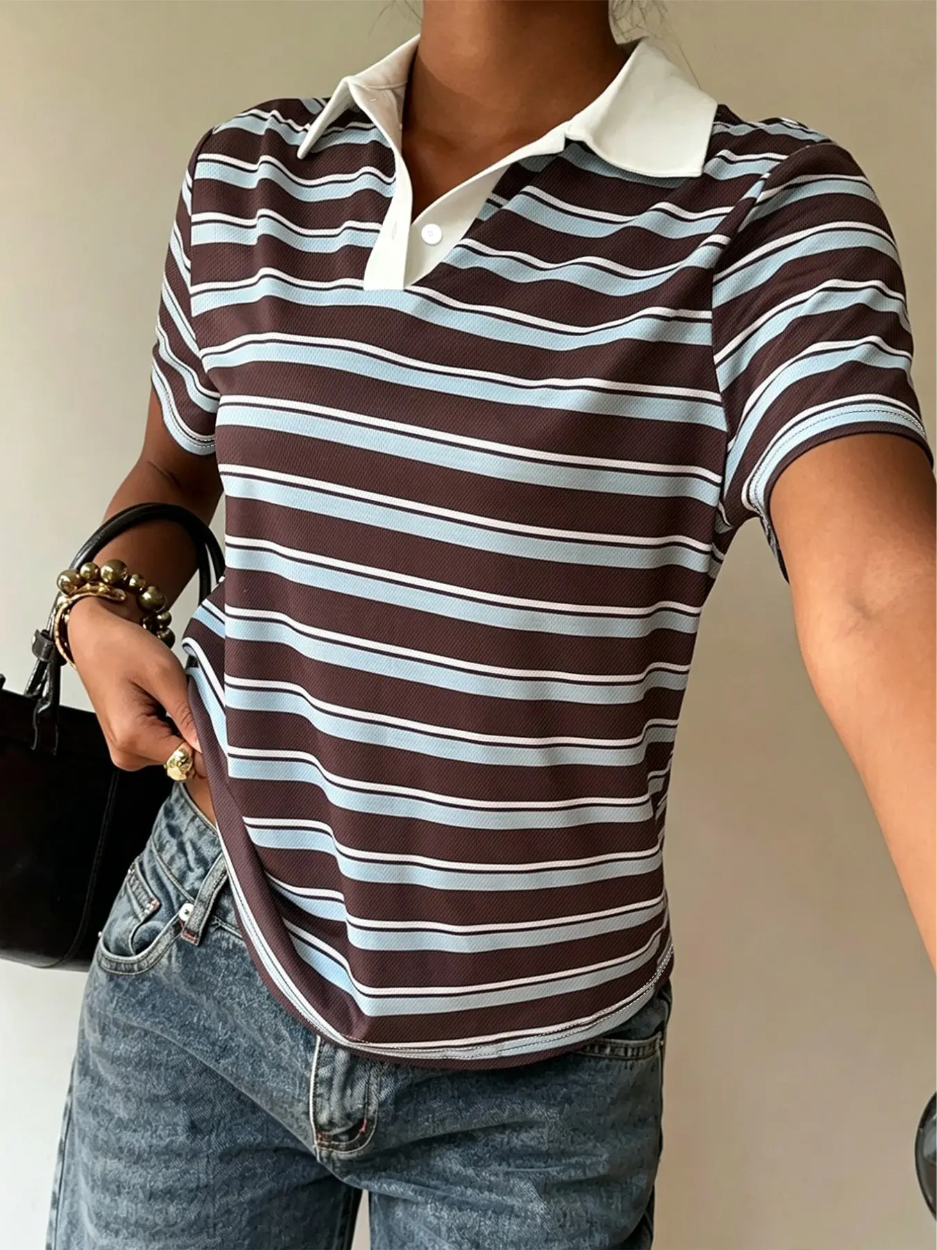 90s Retro College Style Striped Mesh Loose Polo Shirt, Women's Blue Multi-Color Horizontal Stripe, Breathable Vintage Casual Short Sleeve Top, Striped Print Polo