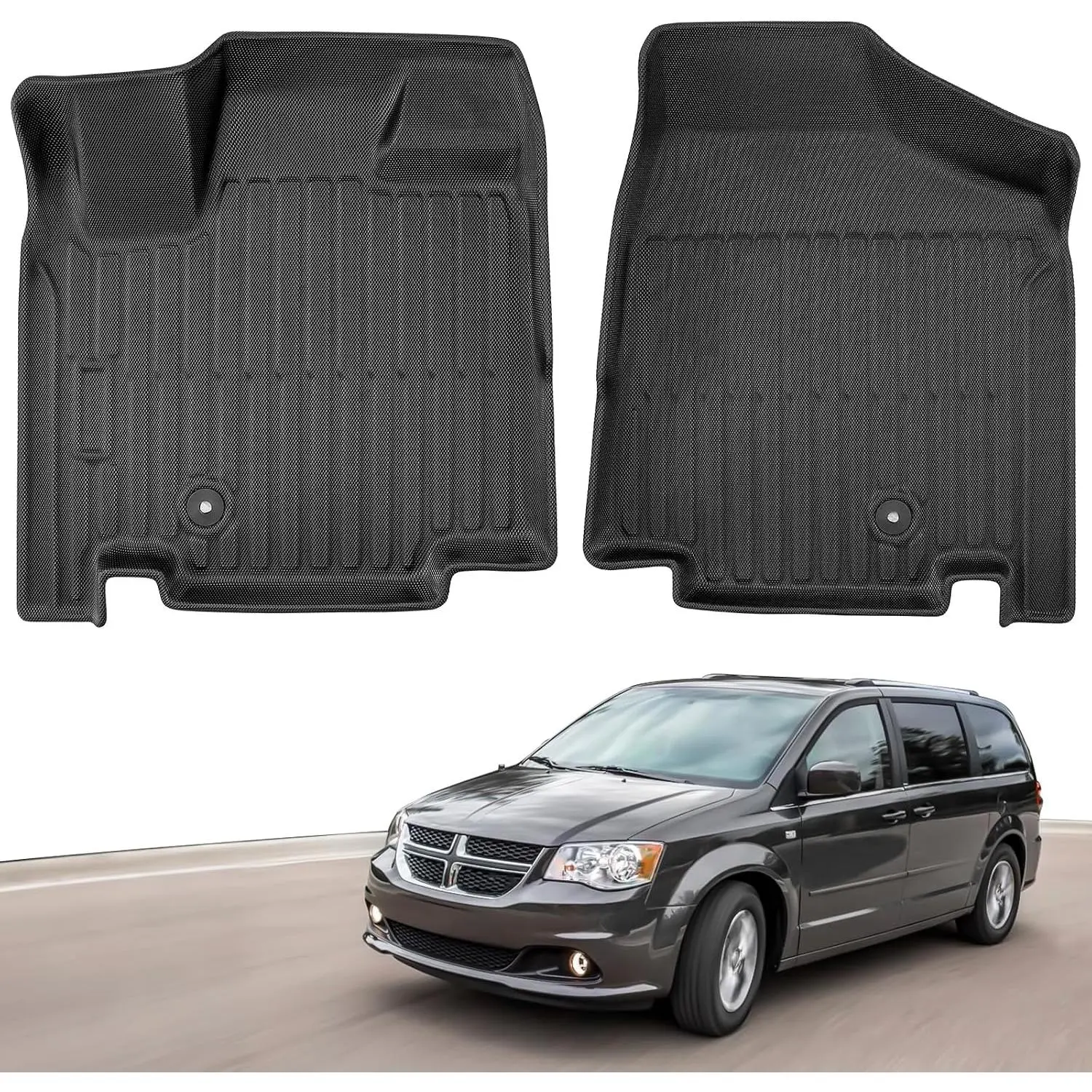 Custom Fit Floor Mat Set for Chrysler Town & Country 2008-2016, Dodge Grand Caravan 2008-2020 (with Stow 'n Swivel 'n Go) Minivans, All Weather TPE Rubber, Deep Dish Edges, Exact Contours, Black Interior Protection Car Accessories
