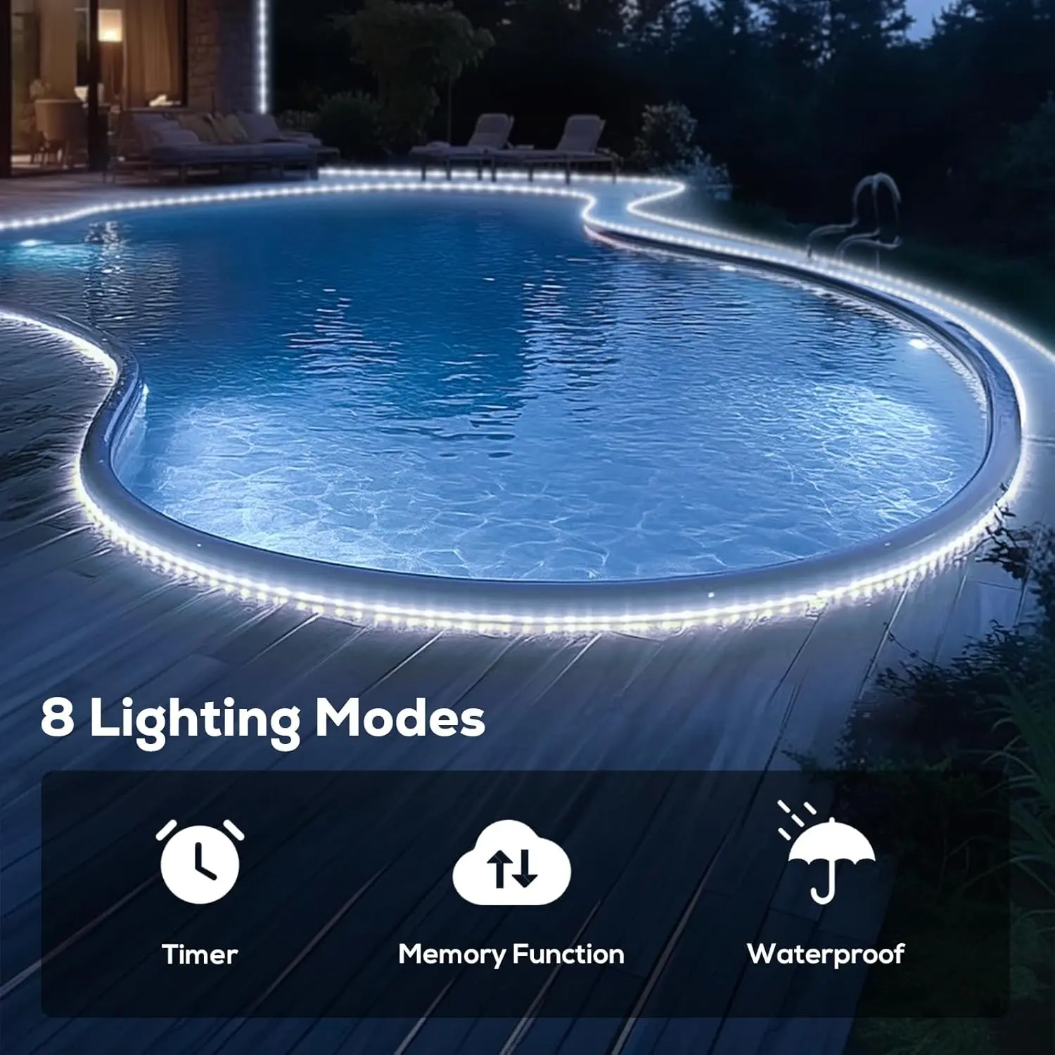 1pc 20/ 36/ 70/ 100ft Solar Rope Lights, Outdoor Waterproof Solar Lights, IP65Solar String Lights, 8 Patterns for Stage Lighting, Trail, Patio, Pool, RV, Christmas Decoration (22ft 50LED/ 39.3ft 100LED)