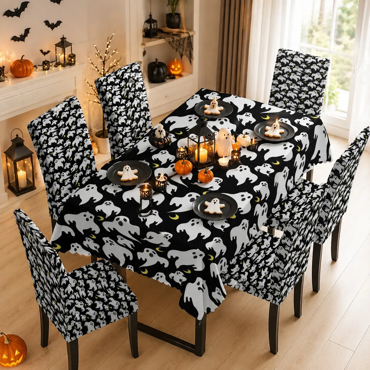 5/7 Pcs White Ghost Tiny Moon Black Background Halloween Print Tablecloth & Chair Cover Set, Minimalist Spooky Party Decor, Stretch Removable Washable Dining Chair Slipcover, For Halloween Parties, Family Gatherings & Home Table Decor