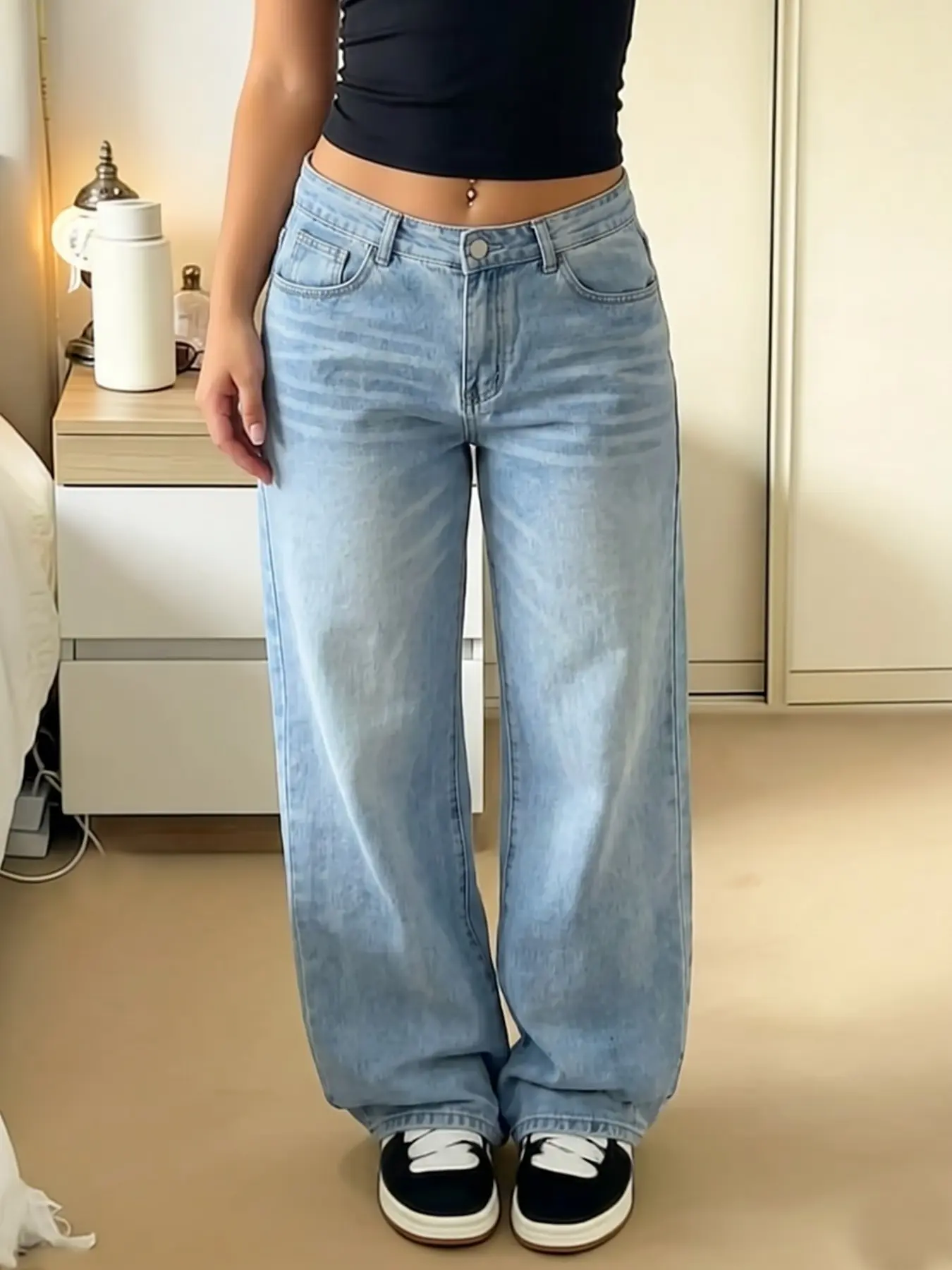 Women's Mid-Waist Pocket Loose Fit Baggy Wide Leg Casual Denim Jeans, Comfortable Winter Pants, Stylish Plain Design, Perfect for Daily Wear