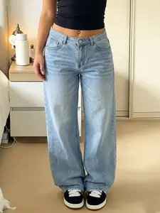 Women's Mid-Waist Pocket Loose Fit Wide Leg Casual Denim Jeans, Comfortable Winter Pants, Stylish Plain Design, Perfect for Daily Wear