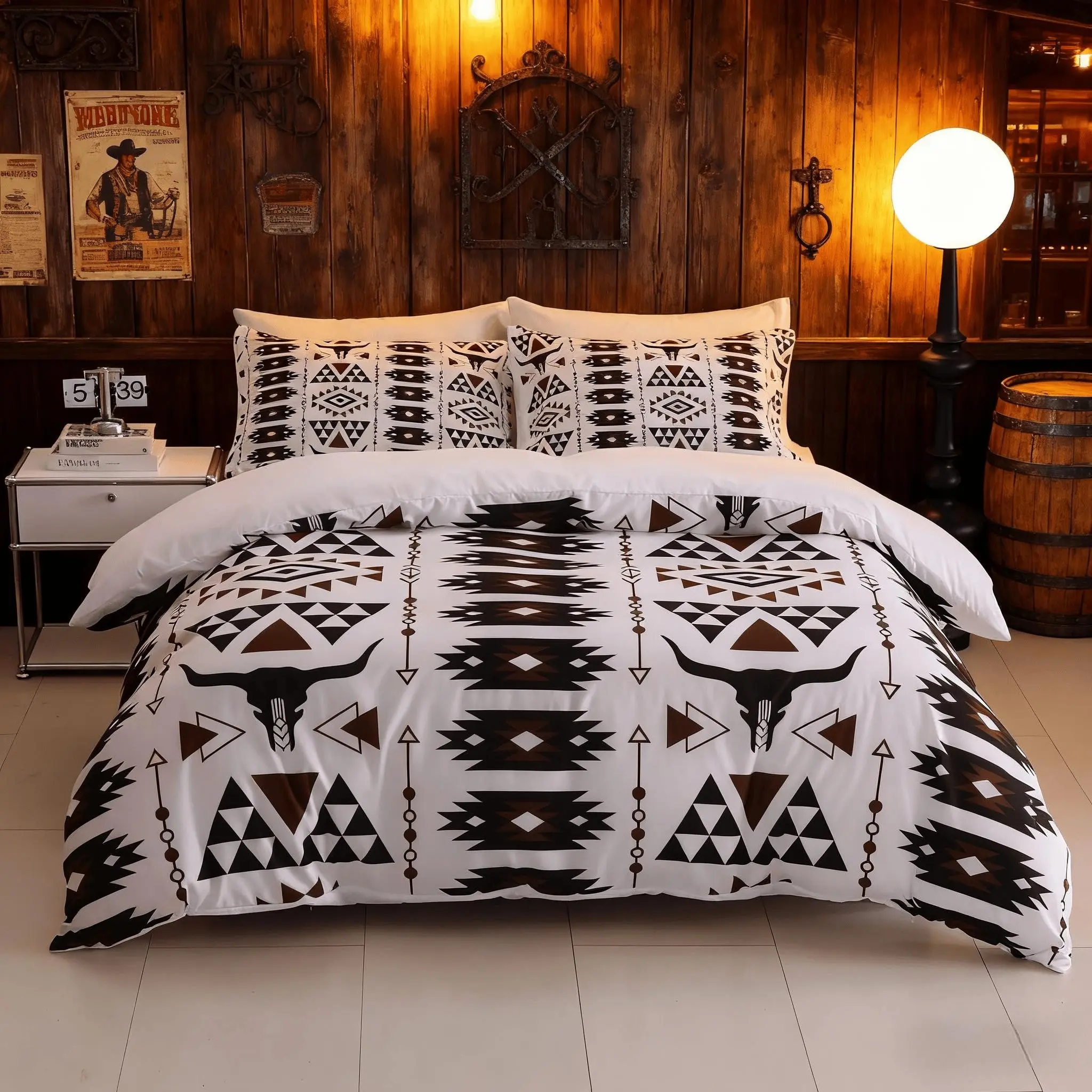 3‑Piece Boho‑Style Bull Head Digital Print Bedding Set, Includes 1 Duvet Cover (No Insert) + 2 Pillowcases (No Pillow Inserts), Soft Fabric, Easy‑Access Zipper Closure, Farmhouse‑Style Décor for Dorm & Master Bedroom, Bohemian Bedding