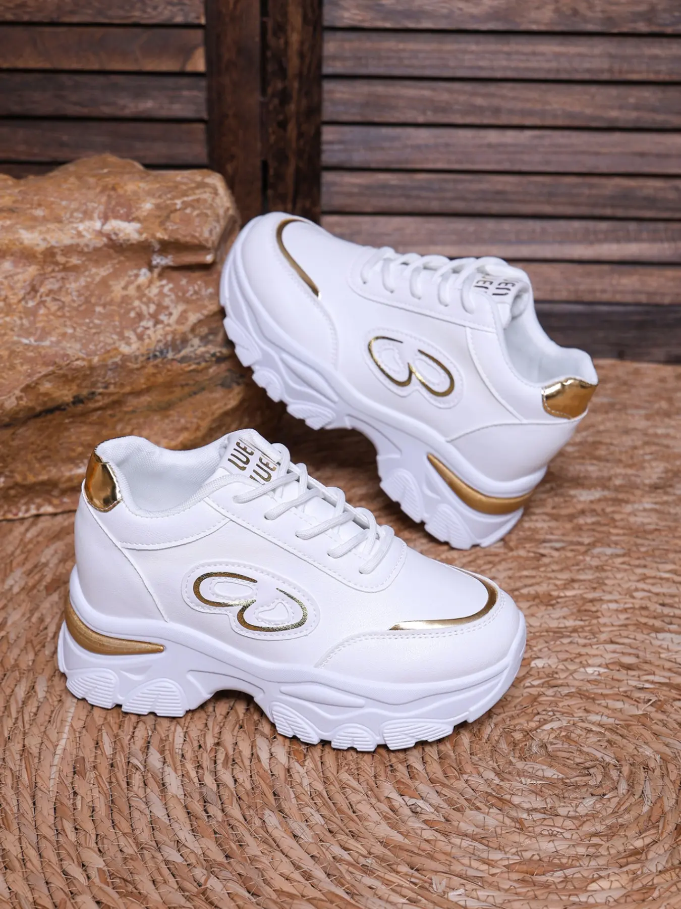 Women Hidden Wedge Platform Sneakers Gold Trim Lace‑Up Thick Sole Casual Shoes For Back To School Daily Shopping Travel