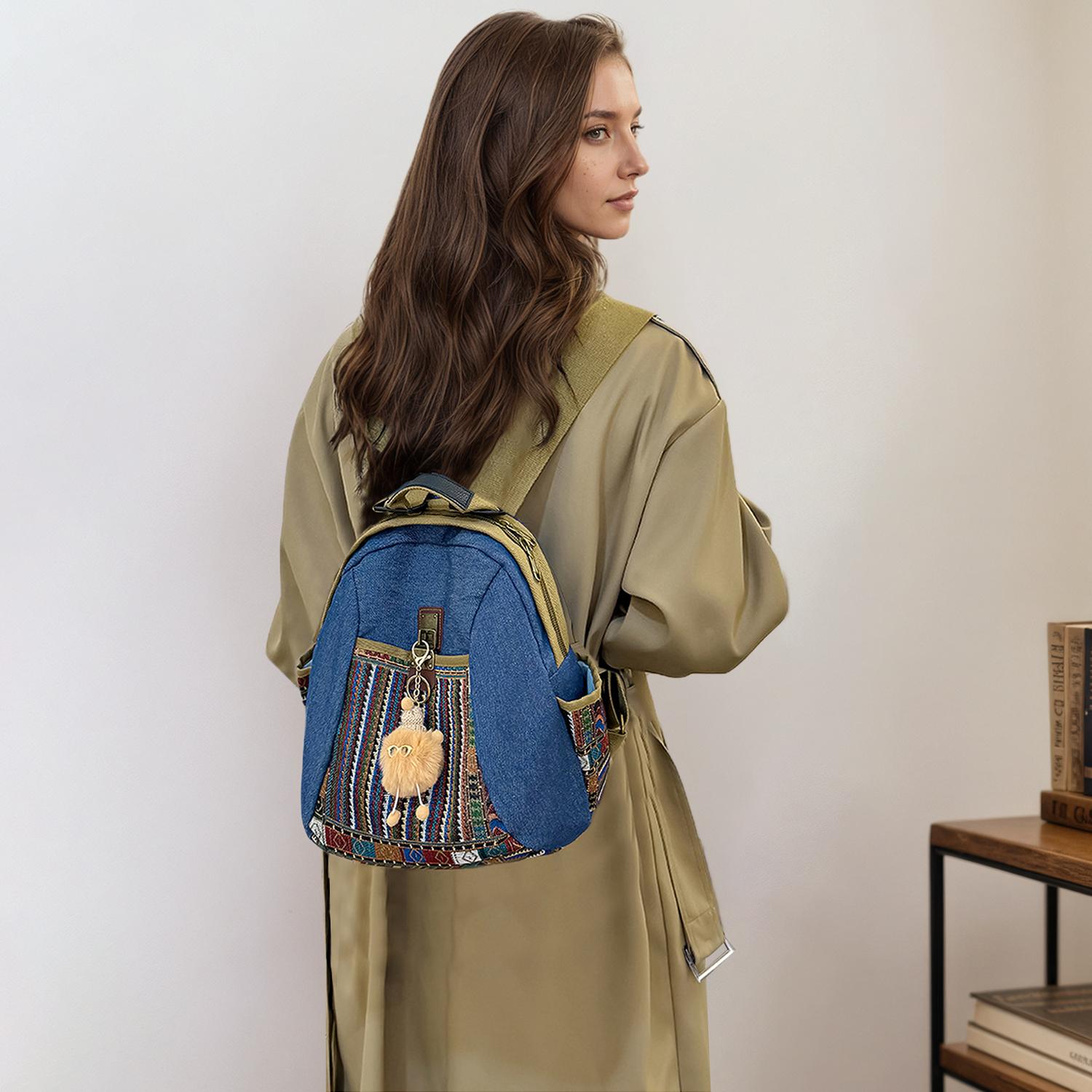 Women's Practical Denim Rucksack with Double Zipper Closure, Classic Printed Shoulder Bag with Adjustable Strap and Top Handle for Casual Daily Use and Commuting