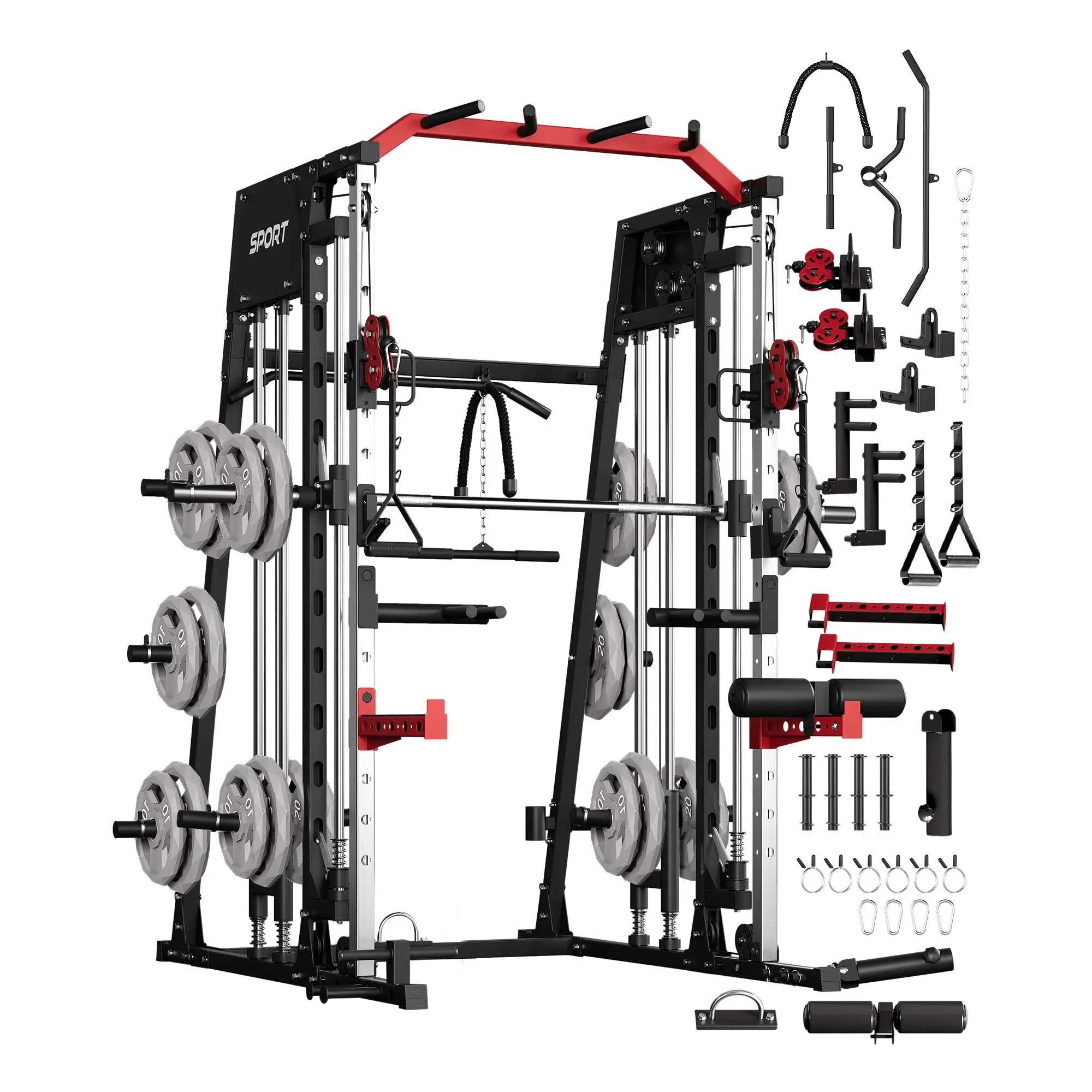 Heavy Duty Smith Machine Power Cage – 2200LBS Multi-Function Strength Training Equipment – Cable Crossover, Dual Pulley, Pull-Up Bar – Full Body Workout Station for Home Gym Fitness(4 Boxes)