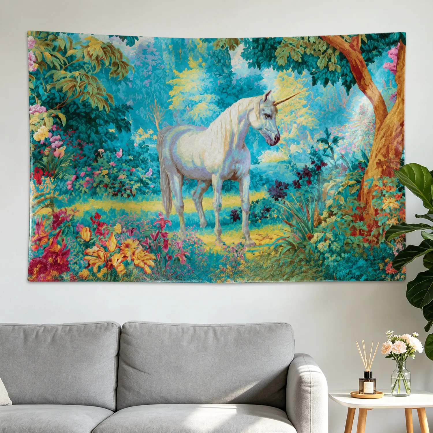 Large Multi-Size Mystical Unicorn Enchanted Forest Polyester Wall Tapestry - Decor, Artwork, Room Decor, No-Installation Indoor/Outdoor Wall Hanging for Bedroom, Living Room, Family & Friends Gift