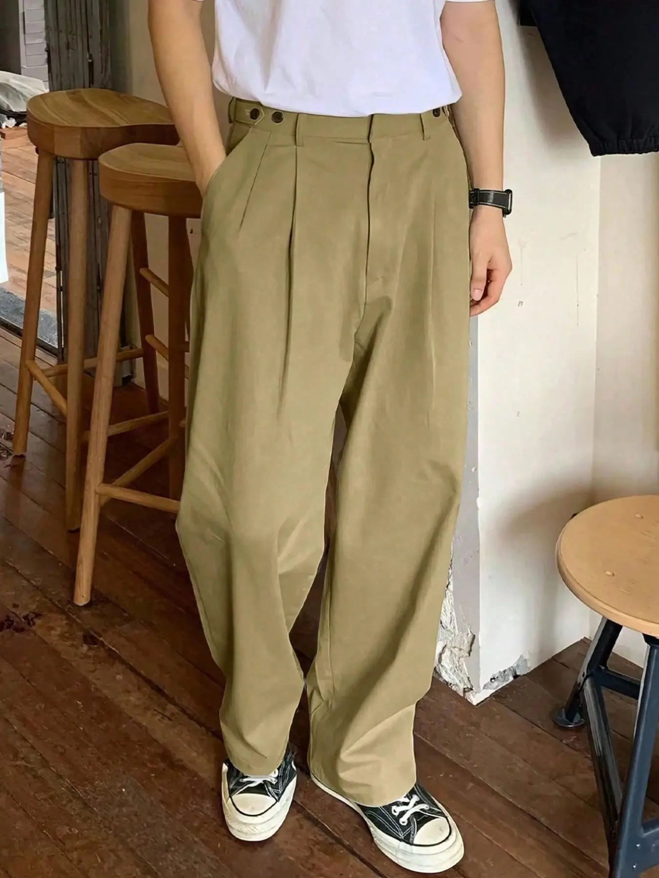 Men's High-Waisted Pants, Italian Retro Gentleman Style, Dual Pleats Side Adjustment Buckle, Casual Office Wear, Semi-Formal Occasions
