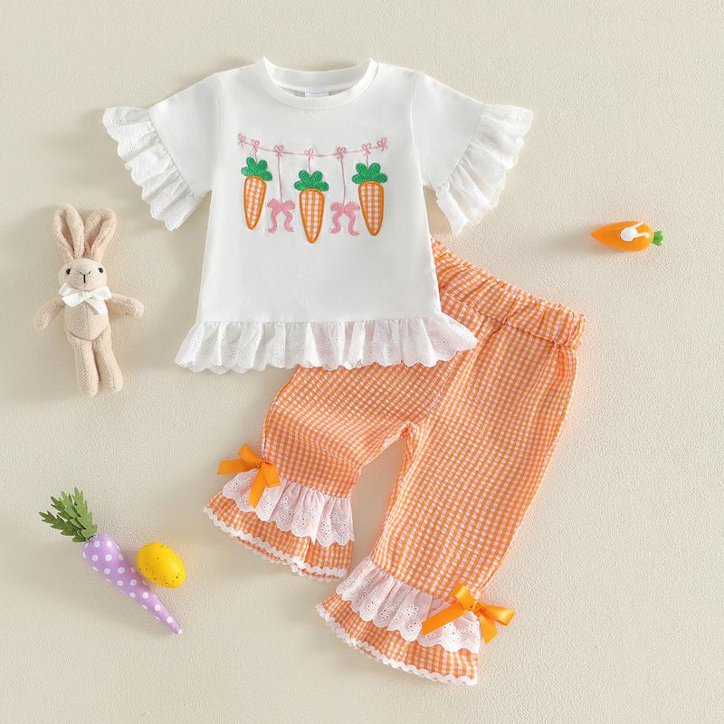 Toddler Baby Girls Easter Outfit Cute Carrot Embroidery Short Sleeve Tops with Plaid Pants 2Pcs Clothing Set