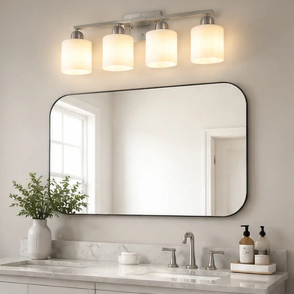 Brushed Nickel Bathroom Vanity Wall Sconce - ARCH Modern 4-Light Iron Fixture with Milky White Glass Shades, 4 Sockets (E26), Up/Down Mount, 4.00 lb, 6.70 w x 24.80 d x 9.40 h in, for Bathroom Mirrors, Bedroom, No Bulbs Included, Minimalist, Indoor Use
