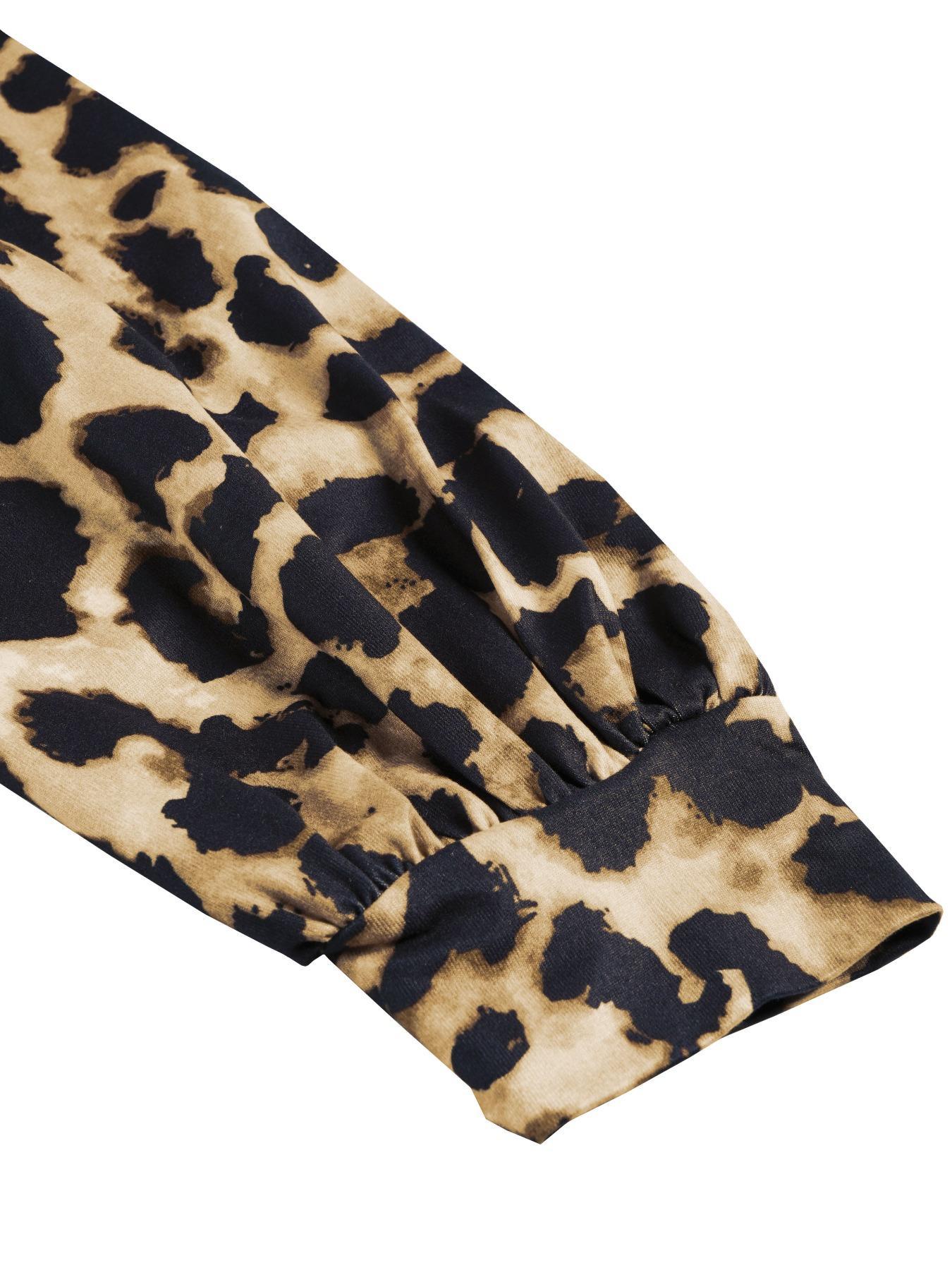 Aliling Women's Elegant Leopard-Print Back-Split Dress, Deep V-Neck Long-Sleeve High-Waisted Bodycon Christmas Party Dress, Suitable for All-Season Wear