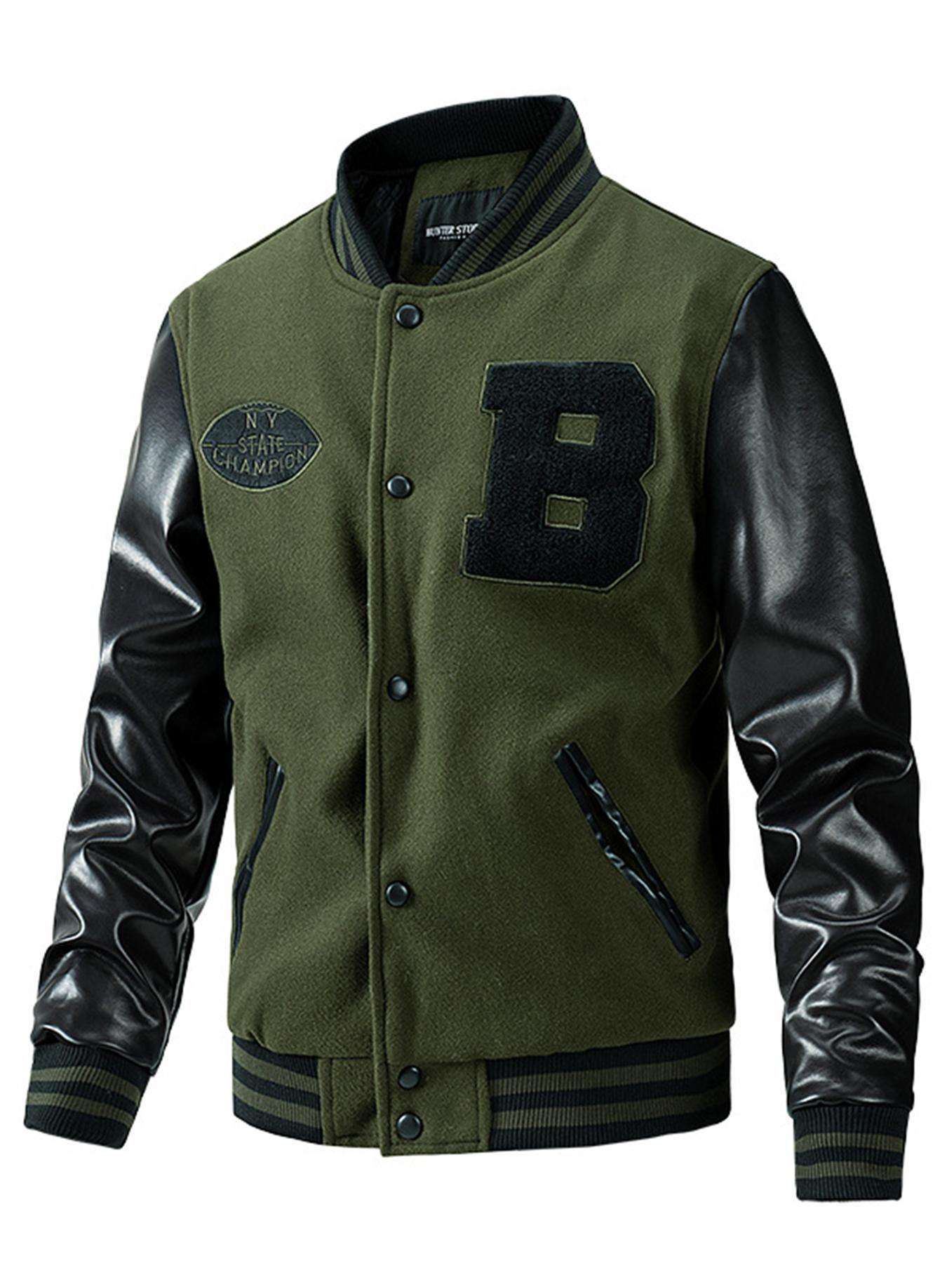 Men's Letter Embroidery Pocket PU Leather Baseball Jacket, Loose Preppy Casual Aesthetic Style Long Sleeve Button Front Outerwear for Fall & Winter, Men's Clothes for Daily Wear