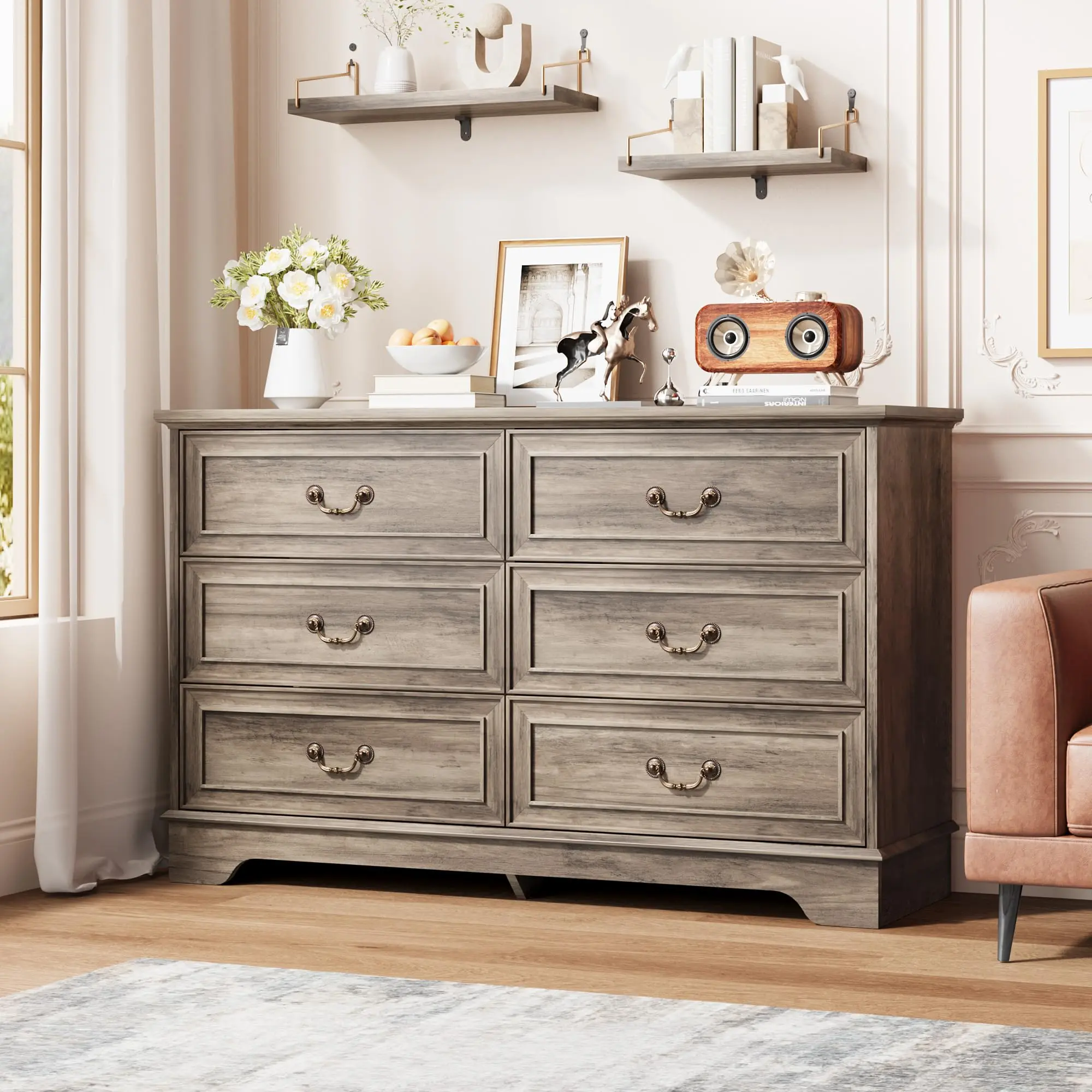 Washed Gray Oak Vintage 6-Drawer Double Dresser - Spacious Wide Storage Chest, Dressers with Drawer Hallway Furniture, Entryway Organizer for Bedroom & Hallway, Drawer Dressers, Bedroom Clothes Drawers