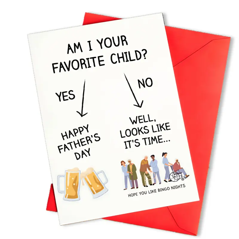 1 Father's Day funny greeting card envelope set with blank paper and envelope, printed with "Am I your favorite?" and "Looks like it's time," paired with a Bingo Night meme, suitable for pranking adult children on Father's Day