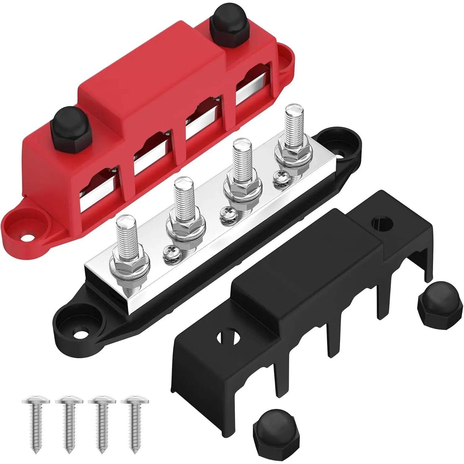400A Copper Power Distribution Block - 12V/48V DC Nylon Bus Bar with 4 x 5/16"(M8) Studs, Negative&Positive Terminal Block for Car, Boat, Truck, Automotive Solar Marine Applications