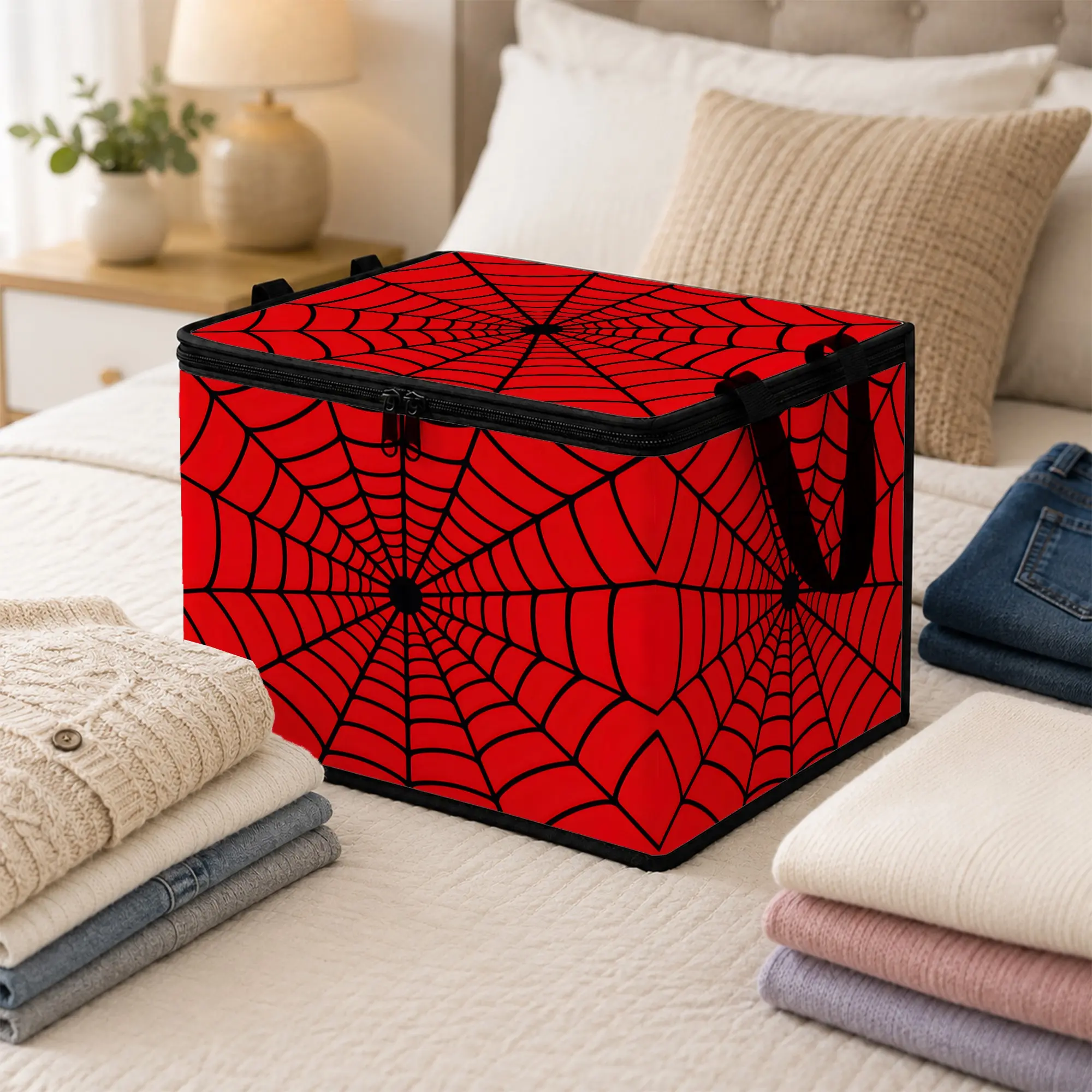 Halloween Spider Web Large Capacity Storage Box, Foldable Fabric Latch Design, Ideal for Seasonal Clothes & Decorations, Folding Storage Bin