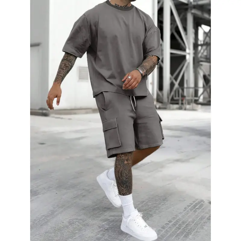 Men's Solid Color Tee & Drawstring Waist Shorts Two-piece Loungewear Set, Regular Fit Breathable Soft Comfy Round Neck Short Sleeve T-shirt & Pocket Shorts Pajamas Set, Men's Casual Sleepwear for Summer
