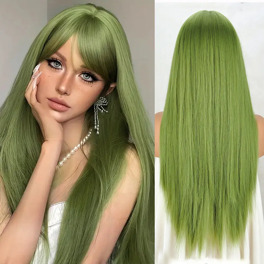 Synthetic Full Machine Wig - Green Long Straight Style with Full Bangs, Fashion Hair Accessory for Women