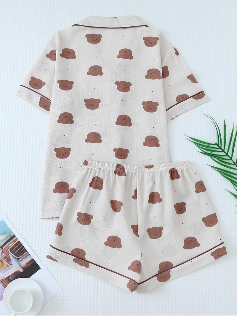 Women's Cartoon Bear Print Lapel Pocket Shirt & Elastic Waist Shorts Loungewear Set, Button Front Short Sleeve Top & Shorts PJ Set, Casual Comfy Pyjama Set Homewear for Women