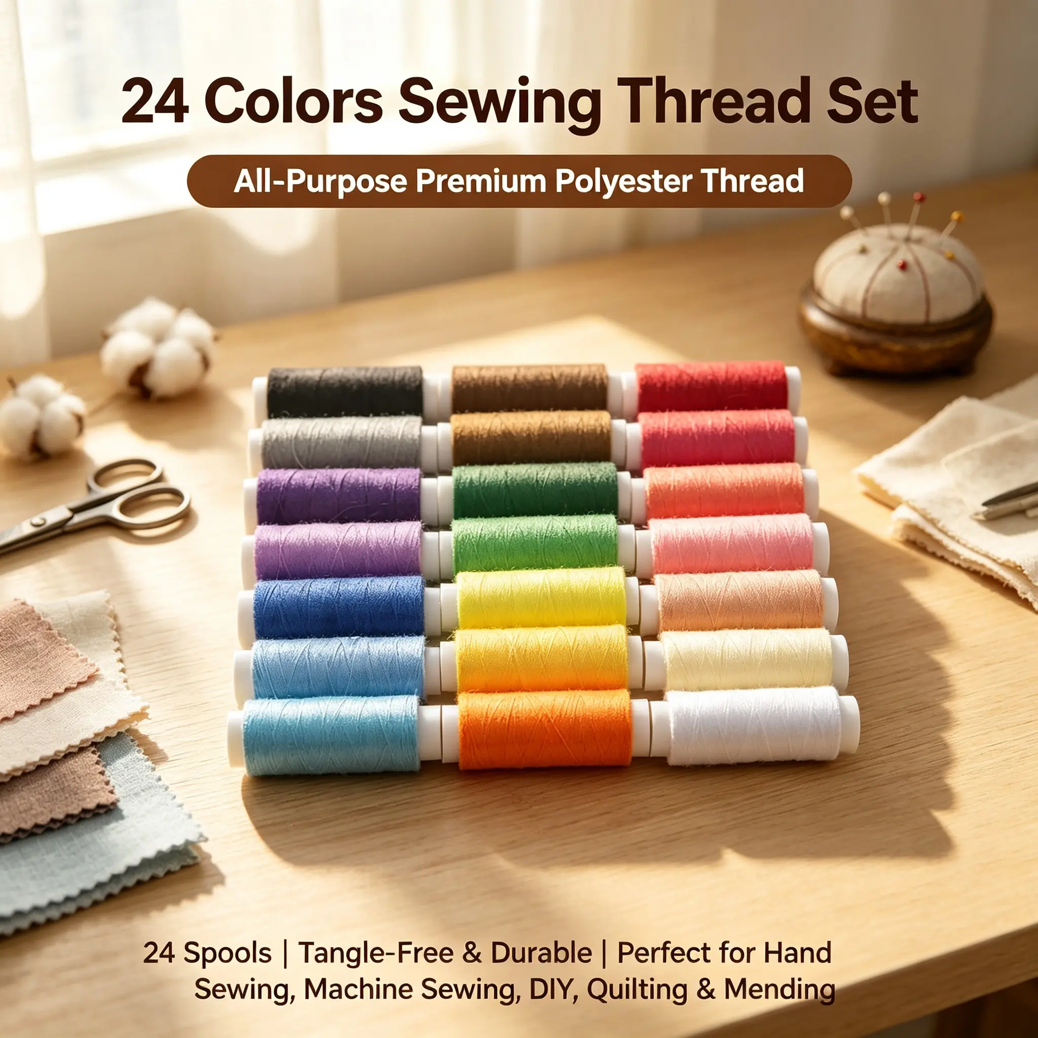 24 Color Sewing Thread Set, Multi-Purpose Polyester Threads, Durable Colored Threads for Hand/machine Sewing, DIY Crafts, Quilting, Clothing Repair