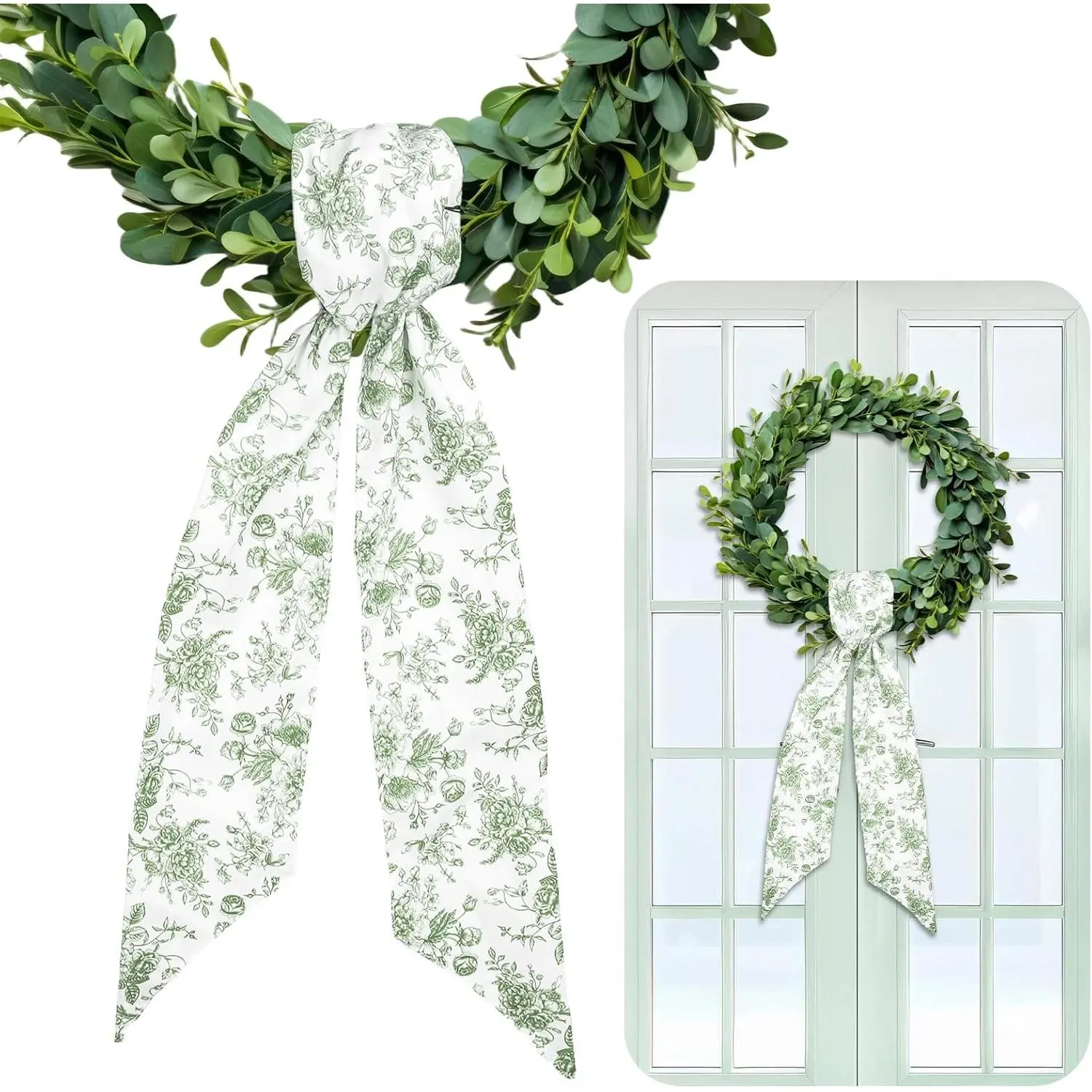 2 Pcs Green Flower Wreath Sash for Front Door Chinoiserie Floral Garland Ribbon for Holiday Party Home Decor Indoor Outdoor