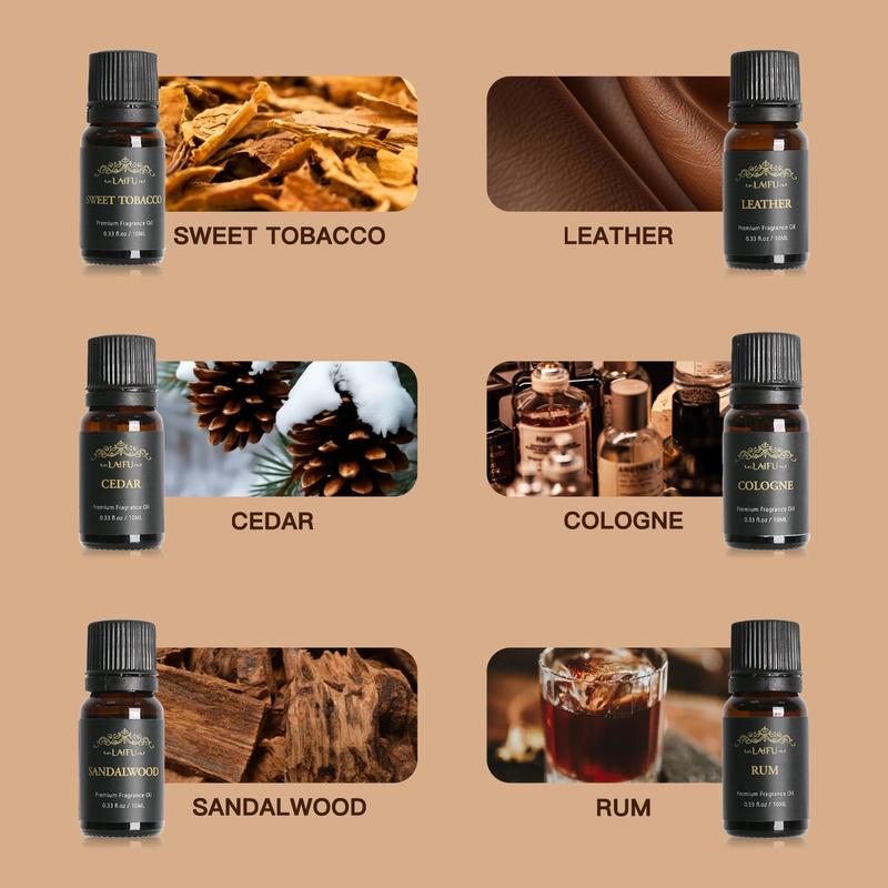 Water Soluble Essential Oils Kit: Sandalwood, Cedarwood, Leather, Sweet, Rum, Eau De Cologne, 6x10ml