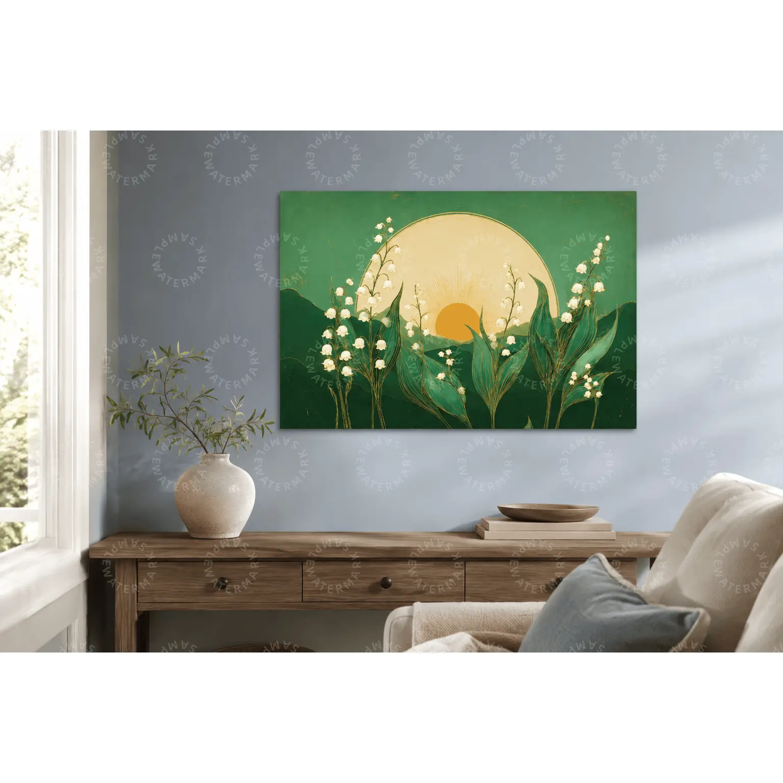 Lily of the Valley Botanical Canvas Art, Green Gold Sun Landscape Poster, Floral Aesthetic Wall Decor for Living Room Bedroom Office, Modern Botanical Wall Art, Nature Lover Gift
