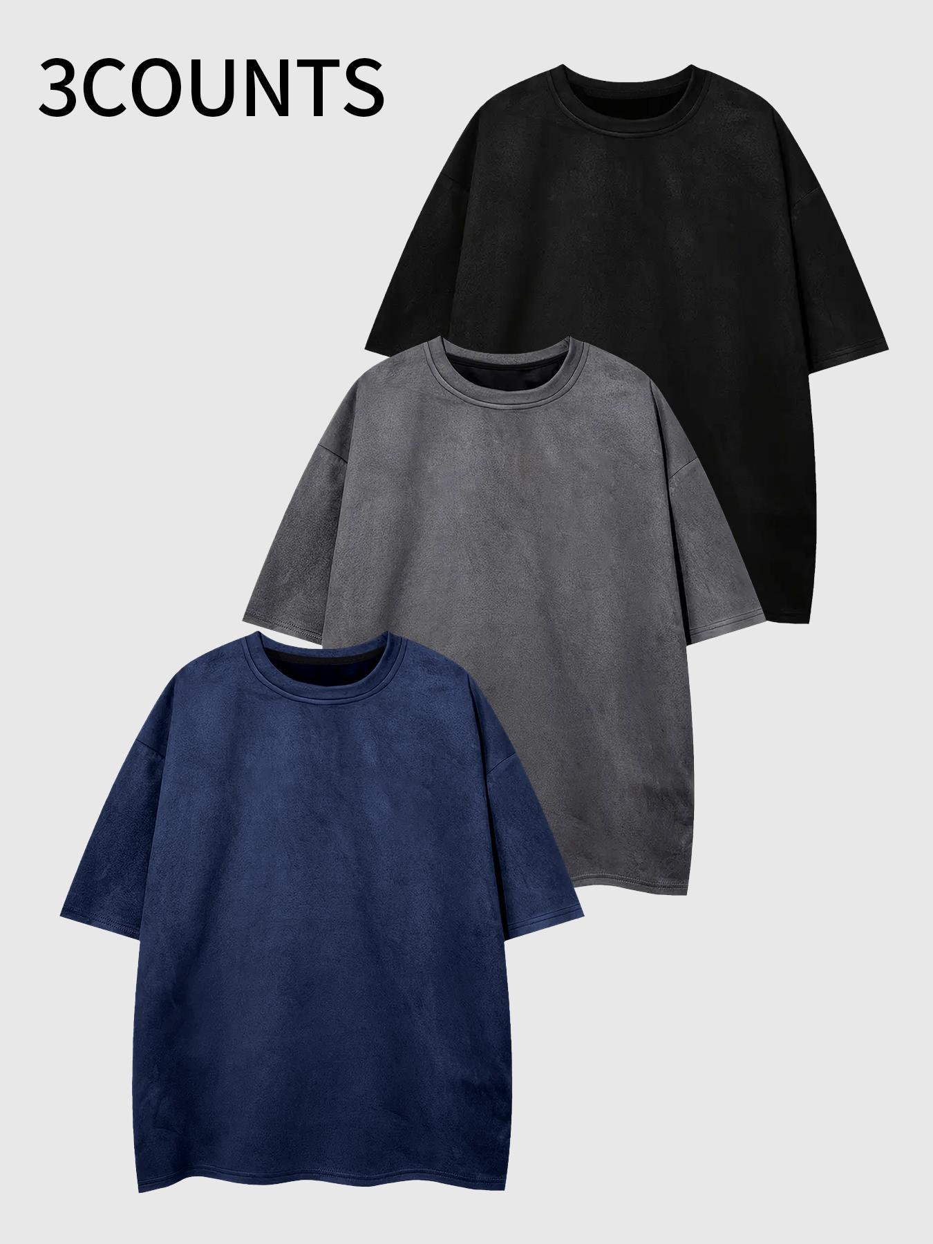 Men's Solid Color Drop Shoulder Suede Tee, Regular Fit Casual Street Style Short Sleeve Round Neck T-shirt for Summer, Men's Top for Daily Wear, Streetwear