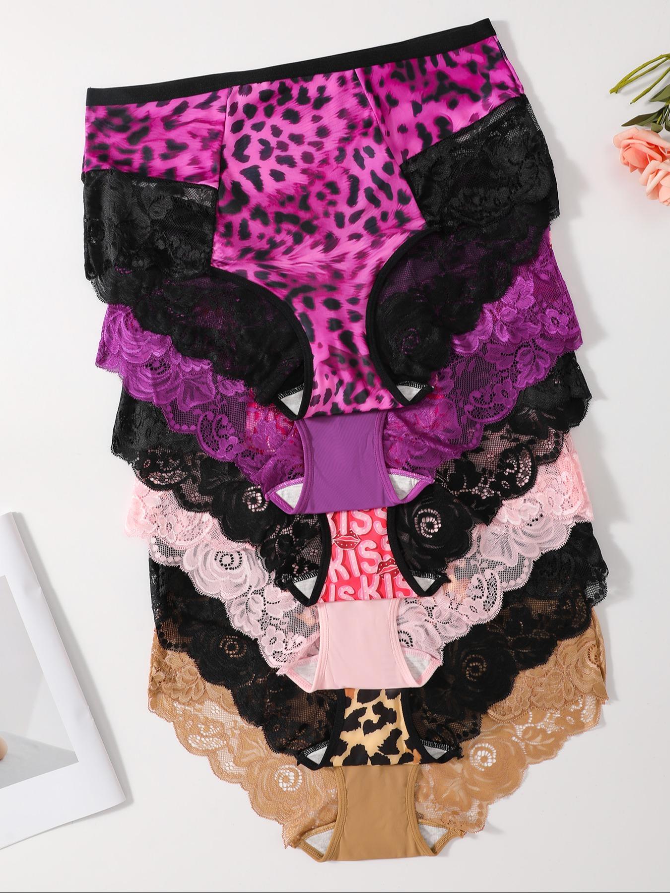 [Plus Size] Solid / All Over Print Leopard Contrast Lace Panty, Breathable Comfortable Panties for Daily Wear, Women's Underwear for All Seasons, Soft Stylish Brief