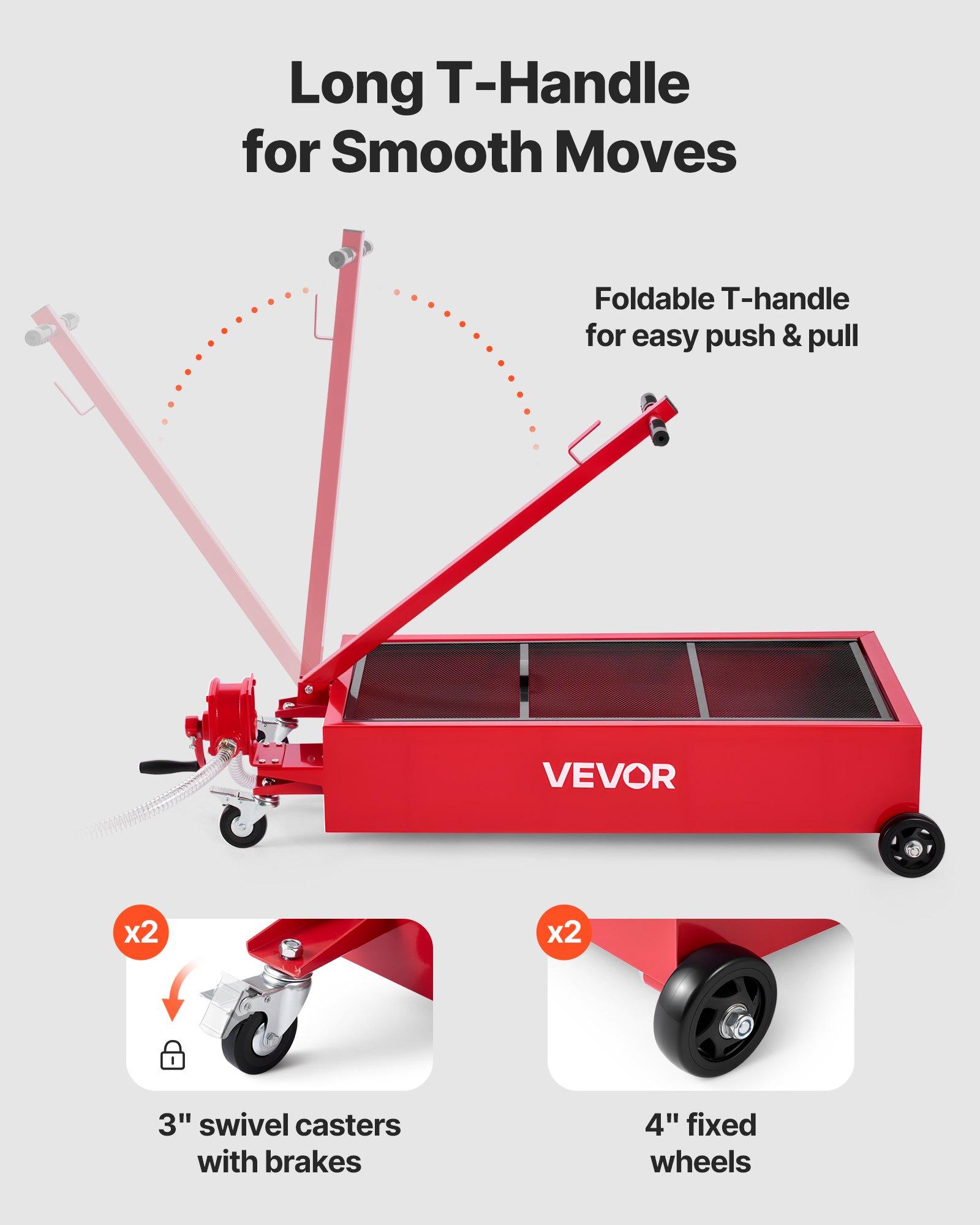 VEVOR Low Profile Oil Drain Pan, 20 Gallon Capacity, Rolling Oil Drain Pan with Manual Pump, 7.2 ft Hose & T Folding Handle, Leak-proof & Corrosion-resistant, Fit for Cars, SUVs, Trucks, ATVs, Red