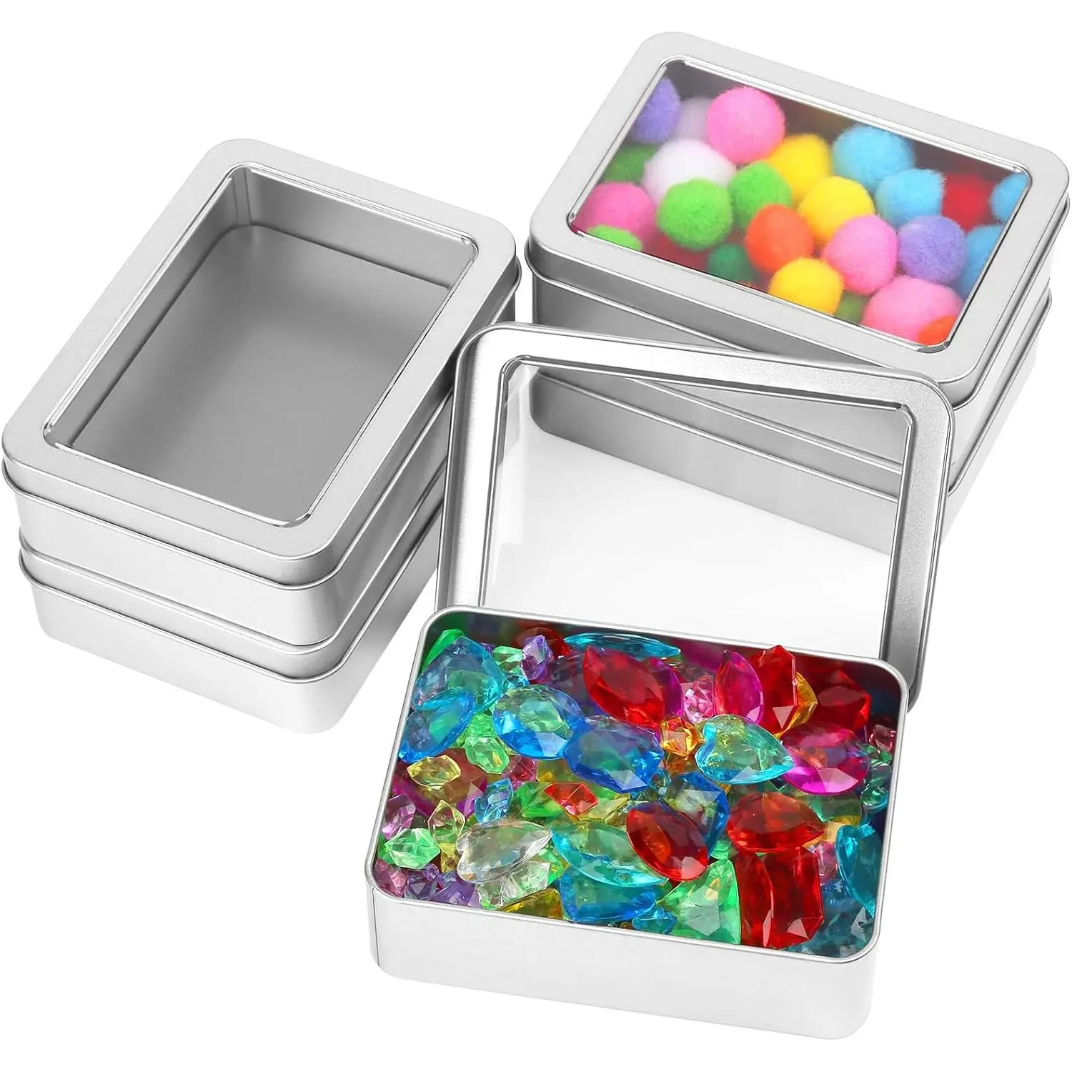 5 Pack Rectangular Metal Storage Tins with Clear Lids Silver Finish, Small 4.9" Visible Organizers for Jewelry, Crafts & Office Supplies, Stackable Durable Tinplate Containers