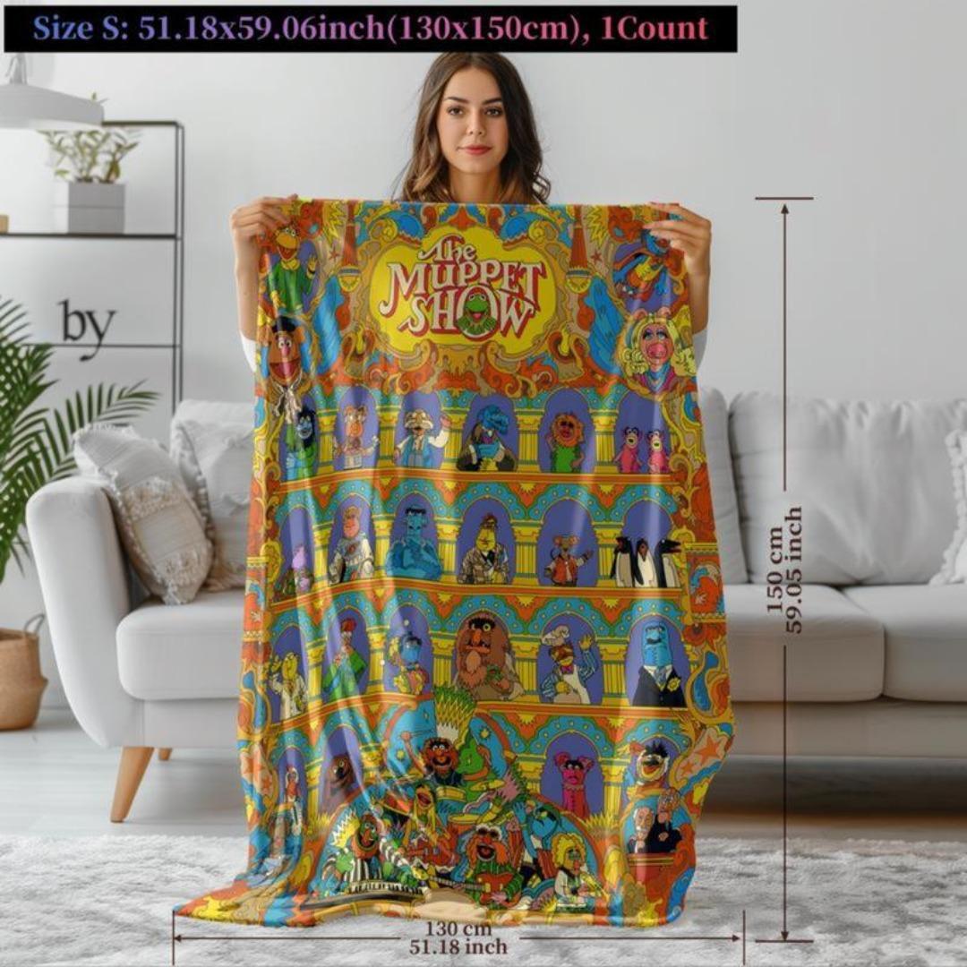 The Muppet Show Flannel Blanket, Colorful Theatre Collage Design with Classic Characters, Soft Cozy Throw Blanket for Bed Sofa Couch Nap Office Travel Camping, Bright Decorative Nostalgic Cartoon Blanket Bedding for Kids & Fans Gift Cartoon Blanket Hallow