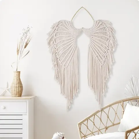 Boho Style Angel Wings Wall Hanging Decor, Classic European Braided Rope Angel Wing Tassel Home Ornament, Reusable Wall Art for Living Room & Bedroom, Above Bed Wall Decor, Decorations for Halloween and Christmas
