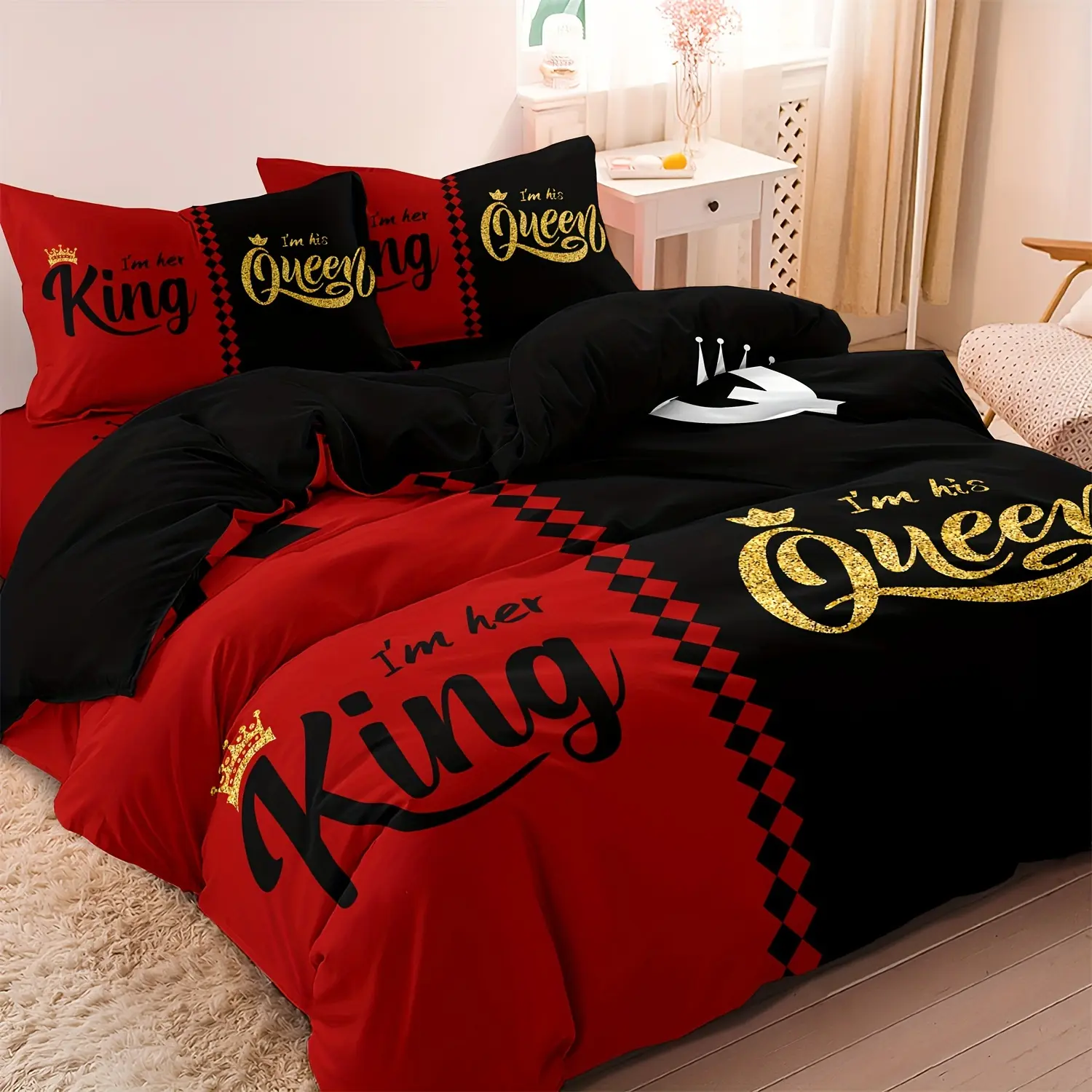 3pcs Queen Size Black Themed Bedding Set - 100% Polyester, Ultra Soft, Lightweight, All-Season, Zipper Closure, Crown Digital Print, Machine Washable, Includes 1 Duvet Cover & 2 Pillowcases (No Insert), Ideal for Couples' Bedroom Decor
