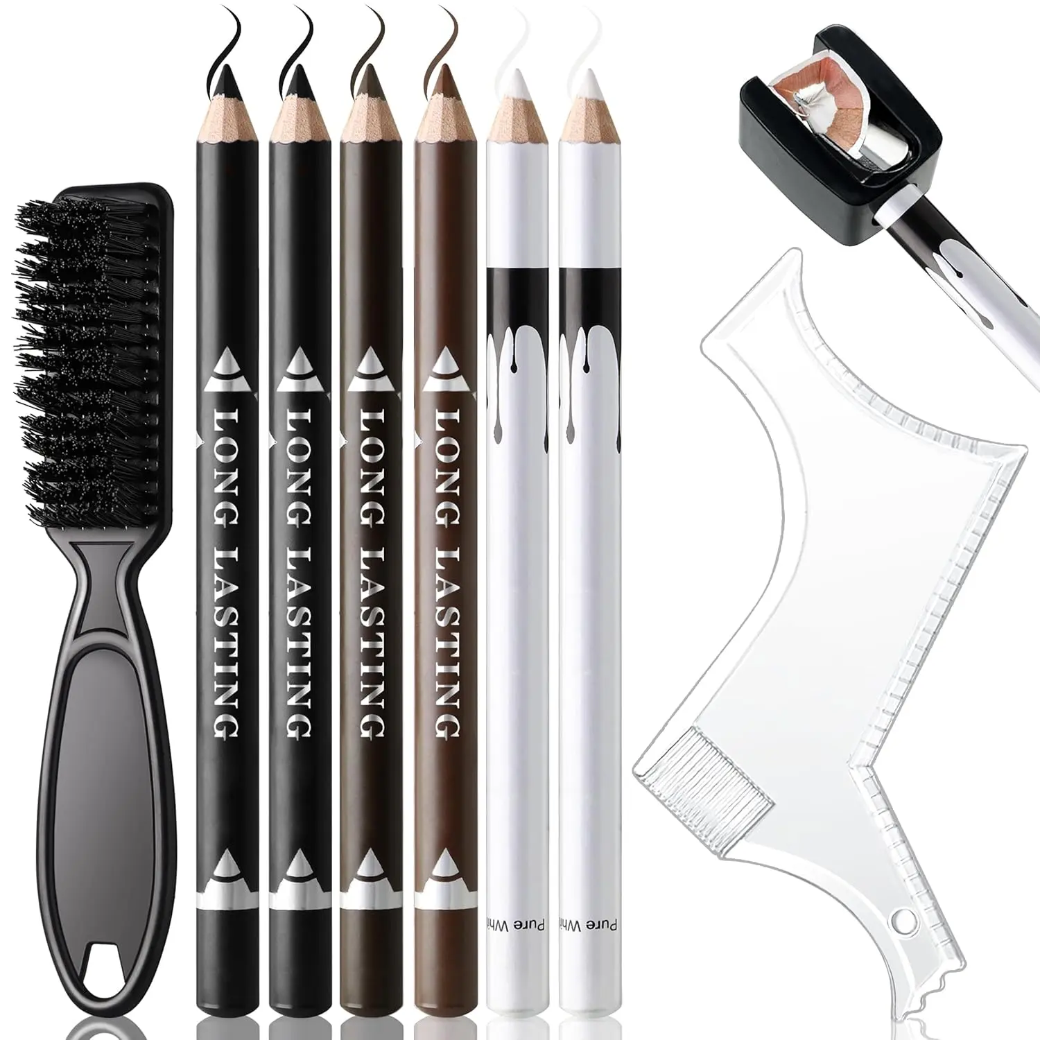 Barber Pencil and Chalk Set for Precision Line-Up, Beard Shaping, Razor Trace – Black, Brown, White, Includes Sharpener, Ruler, Brush for Men