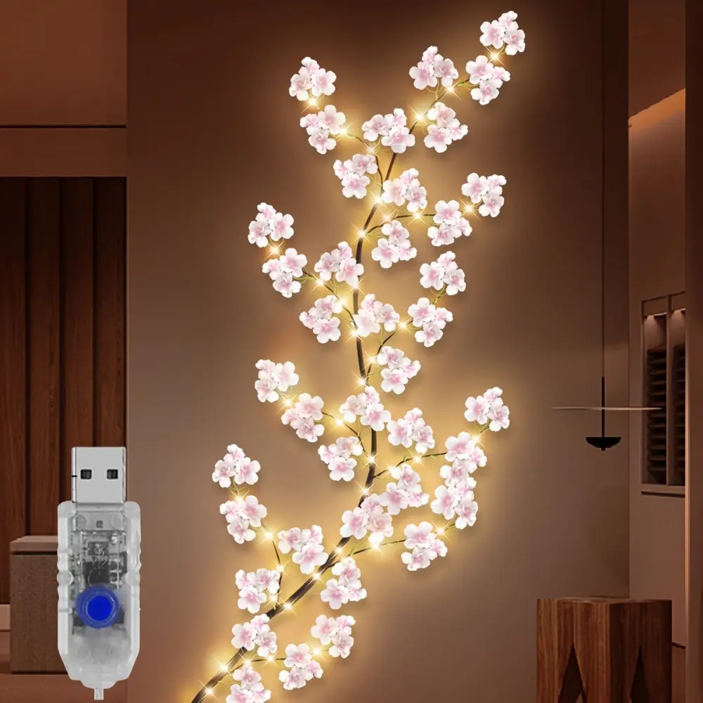 1pc 100 Led Usb-Powered Cherry Blossom Flower Garland Willow Vine LED Fairy Light - Flexible, 8 Modes, Perfect for Home, Bedroom, Wedding And Party Decor, Perfect for Christmas Gifts, Holiday Office, Hotel, Party, Restaurant Decoration