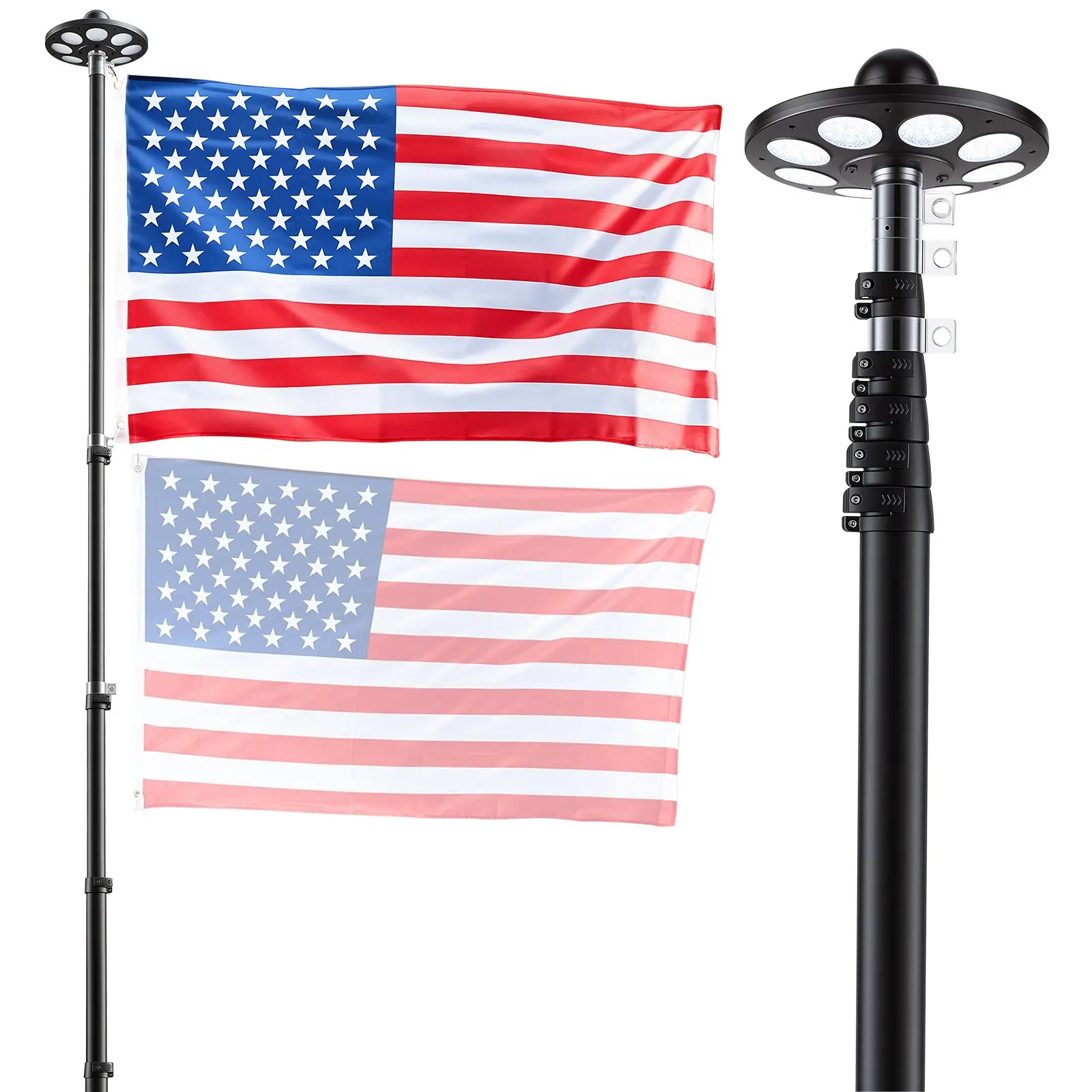 VEVOR Flag Pole, 25ft Heavy Duty Telescopic Flagpole Kit with 136 LED Solar Light for Outside House In Ground, Outdoor Aluminum Flagpole with 3x5 American Flag for Yard, Residential, Commercial, Black