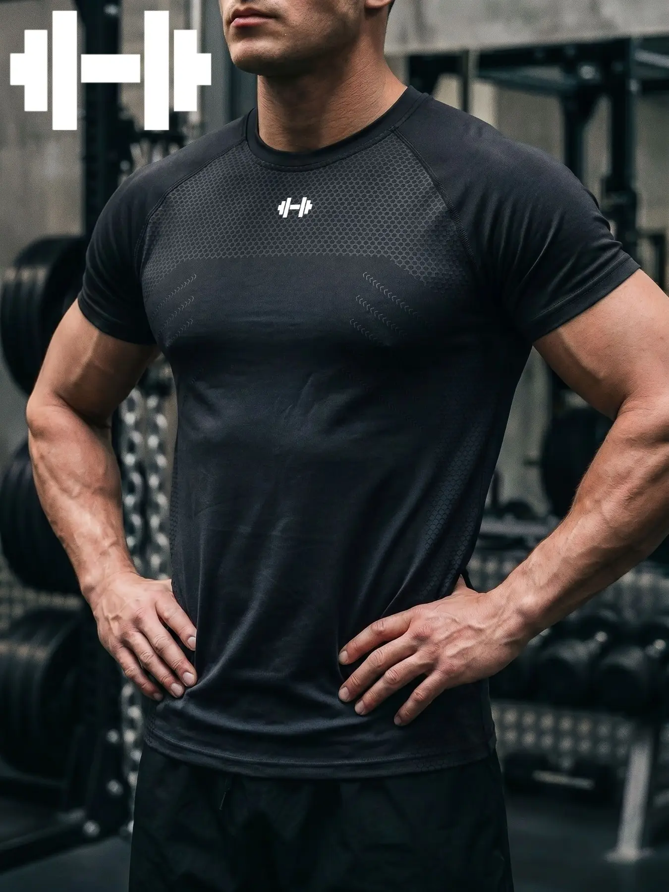 Men's Sporty Fitness T-Shirt, Dumbbell Print, High Elasticity, Quick-Dry, Breathable, Slim Fit, Ideal for Gym Training