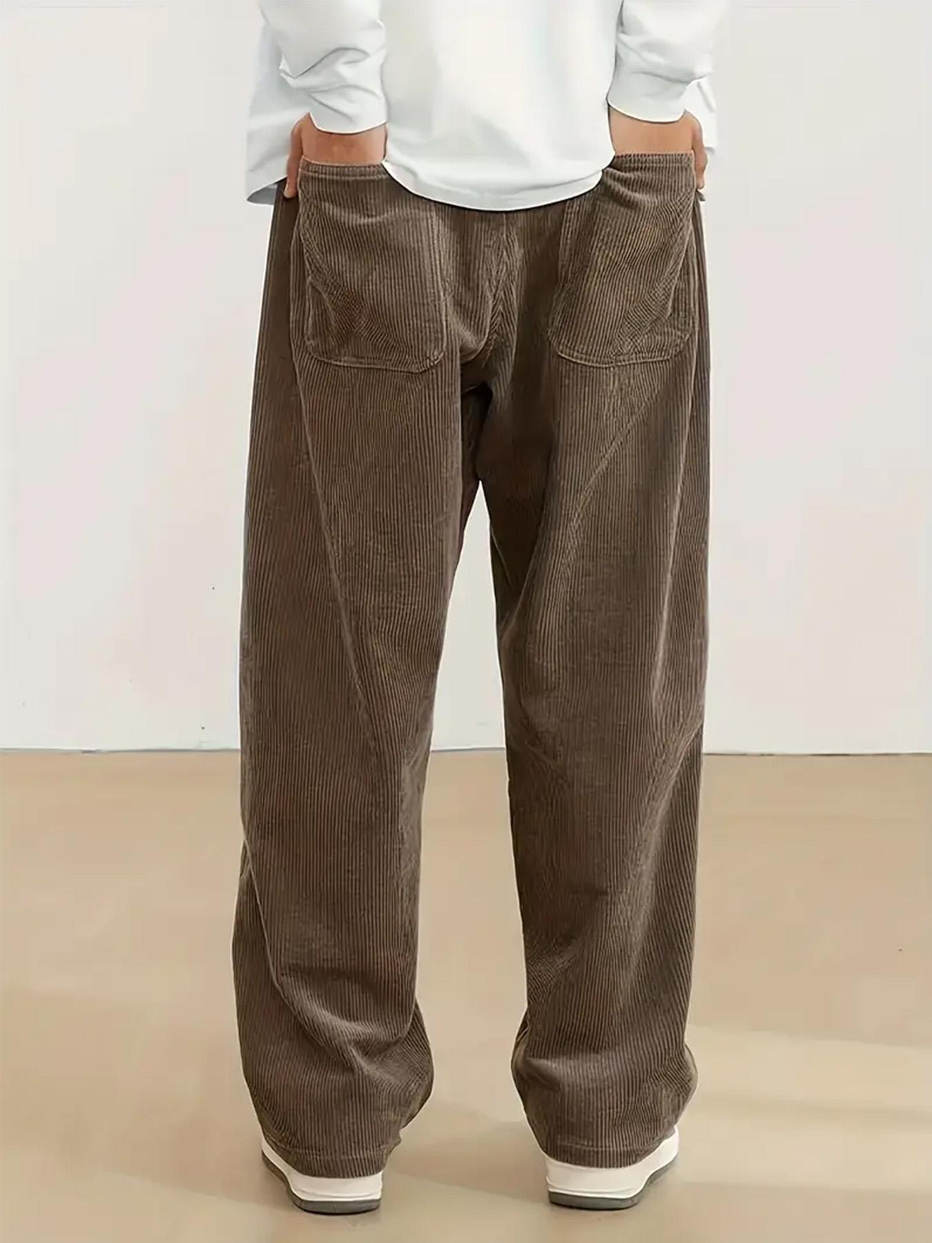 Men's brown chenille casual pants, heavyweight style, loose fit, trendy outdoor sports street style.