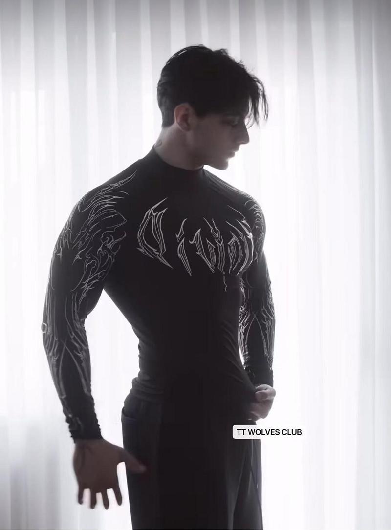 Sweet Spice Girl Show Body Gothic Tight High Elastic Fitness Sports Semi-High Neck Quick Drying Breathable Long Sleeve T-Shirt Men and Women