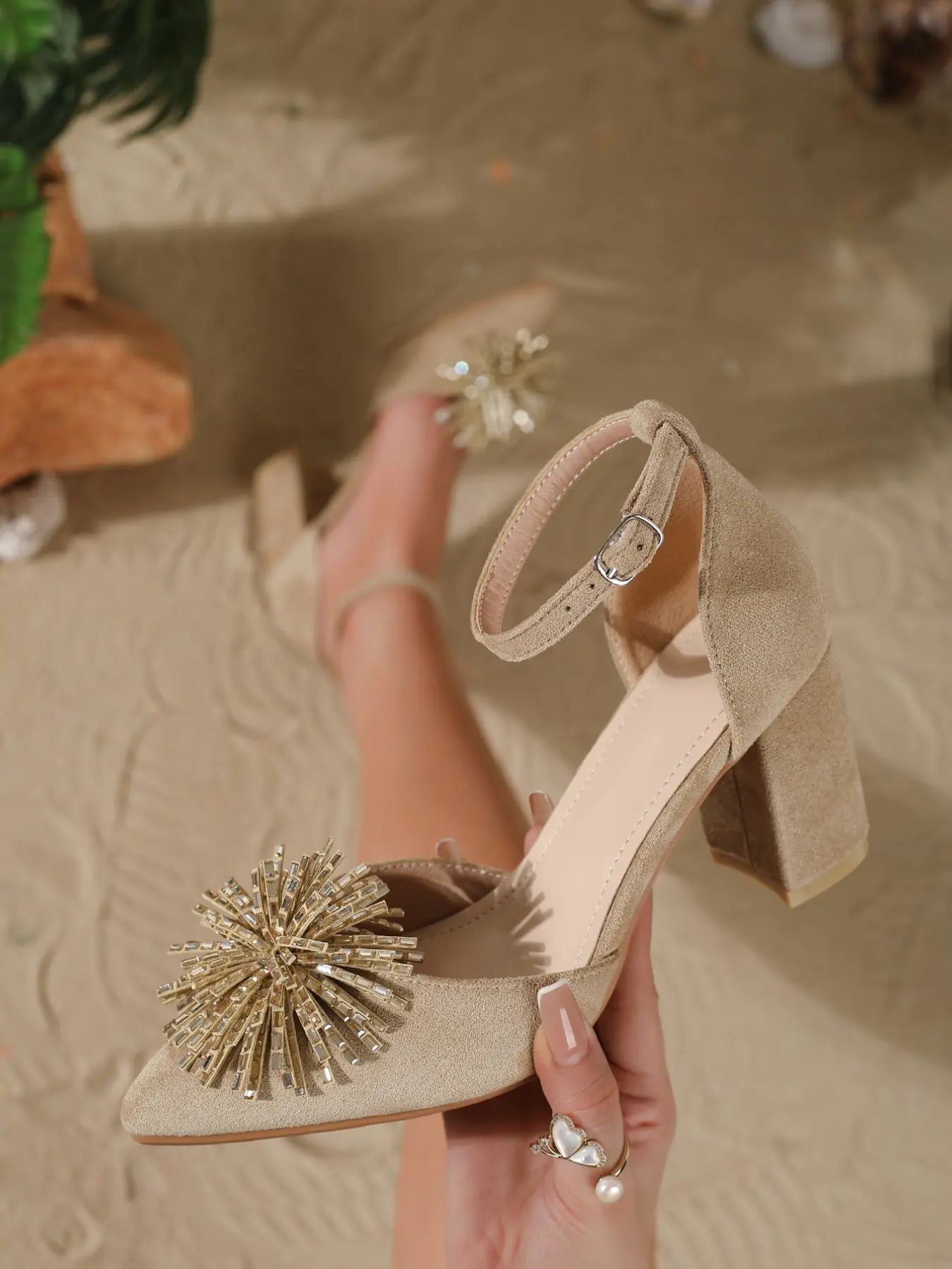 Fashion High Heel Shoes, French Style Peach Color Pointed Toe, Rhinestone, Elegant Party Heels, Wedding, Evening, Vacation, Bride, Bridesmaid Shoes