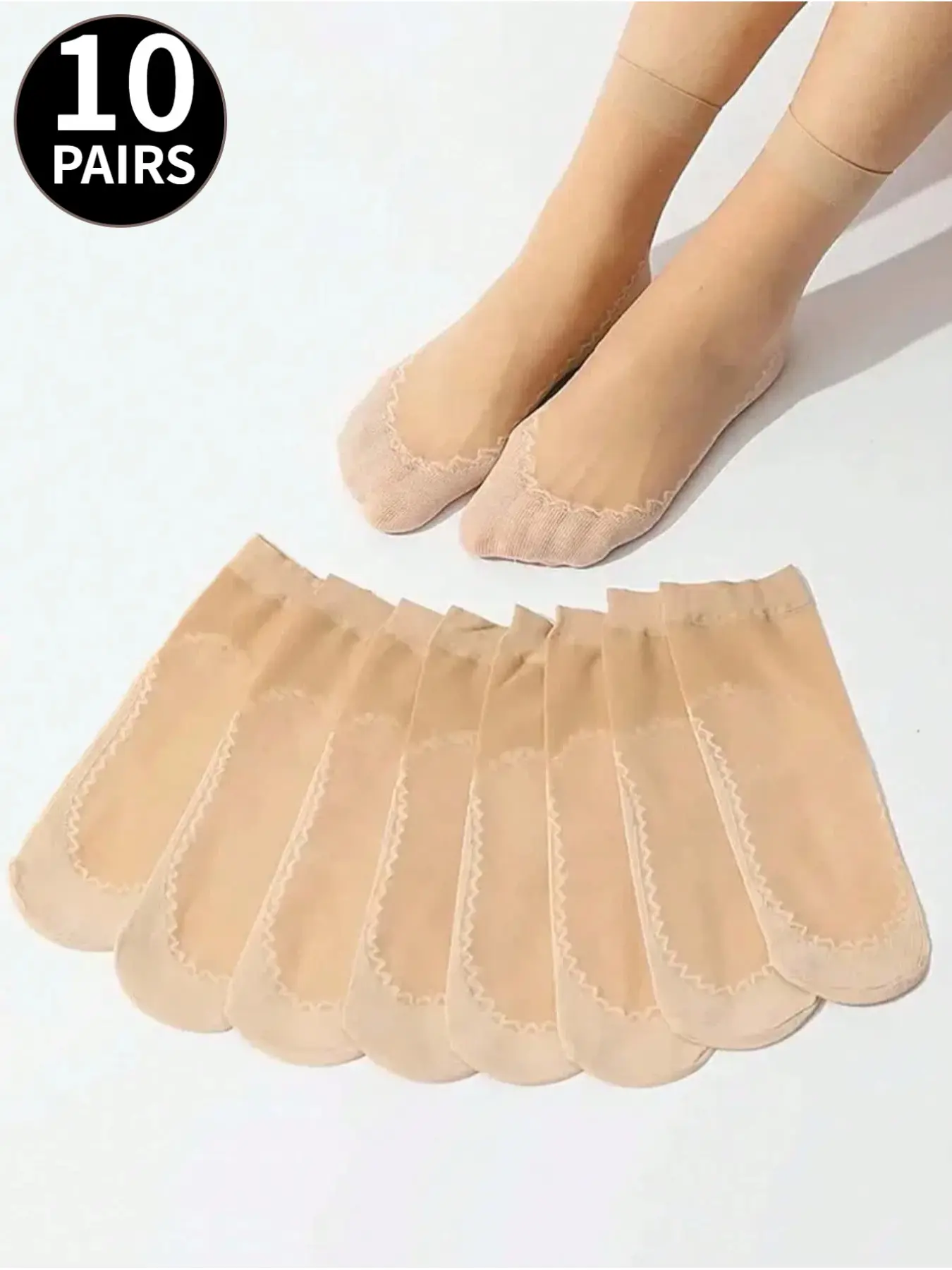 10-Pair Pack, Multipack Socks of Ultra-Sheer Nude-Colored Stockings, Women's Socks, Knee-Highs, Reinforced Toes, Non-Slip Soles, Low-Cut Stockings, Comfortable for High Heels and Flats, Great Value for Stocking Up