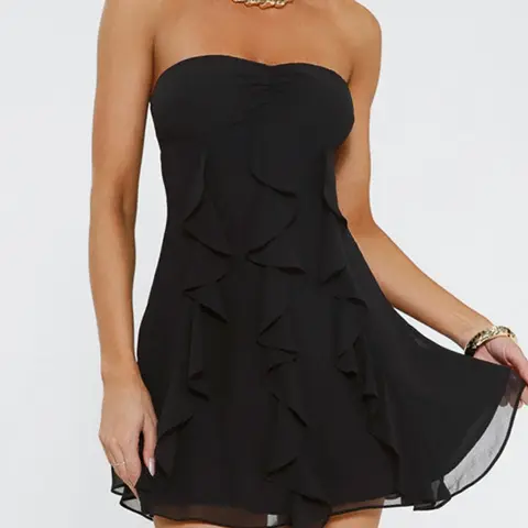 Women's Strapless Solid Color Ruffled Flare Mini Dress, Sexy Formal Occasion Party Wear for Daily Outfit