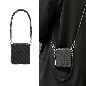 Ins Black Woven Phone Case with Rhinestone Chain Crossbody Strap for Samsung Galaxy ZFlip7 Z Flip6 Flip7 ZFlip 5 Zflip6 Zflip5