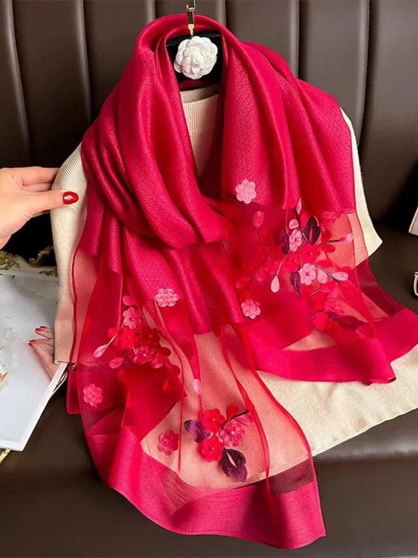 Floral Embroidery Scarf, Fashionable Soft Comfortable Shawl for Women & Girls, Casual Versatile Scarf for Daily Wear