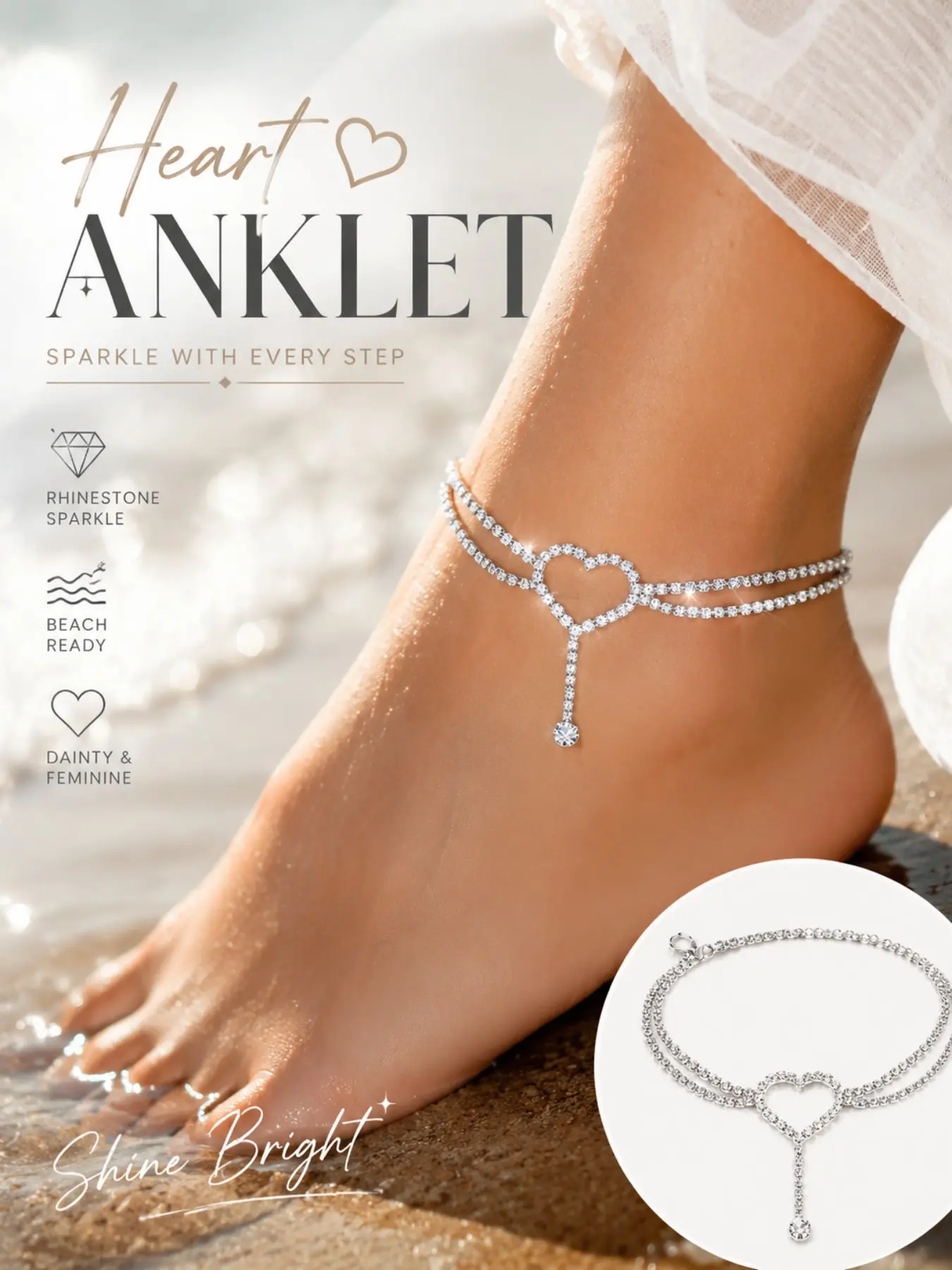 Silver Heart Rhinestone Anklet for Women, Double Layer Crystal Anklet Bracelet, Adjustable Dainty Sparkly Foot Chain, Cute Y2K Beach Jewelry, Wedding Bridal Vacation Summer Accessories, Valentine's Day Birthday Gift