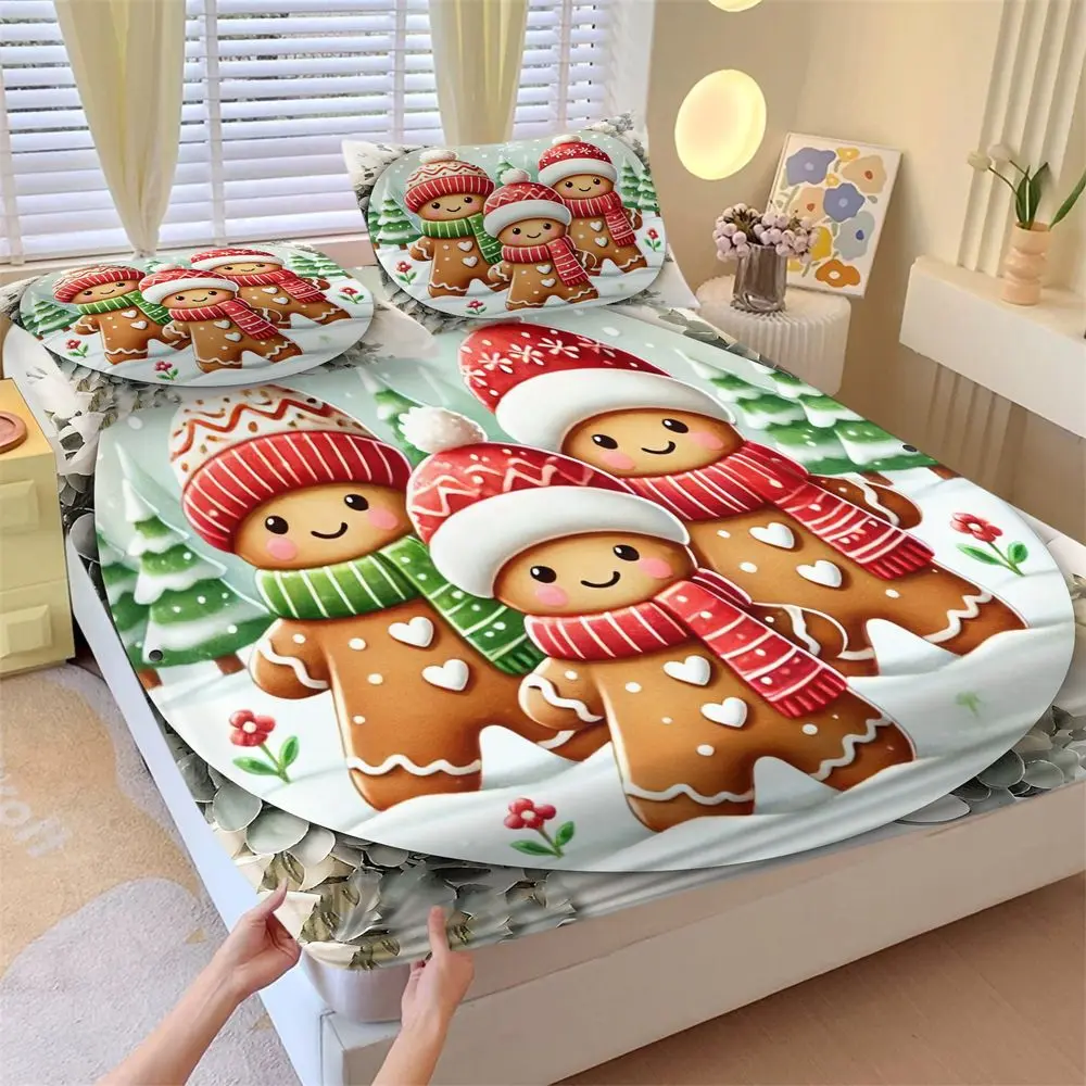 3Pcs Christmas Gingerbread Man Fitted Sheet Set, Cute Winter Holiday Bed Sheets Set for Kids Bedroom, Soft Brushed Microfiber Bedding Set for Xmas Home Decor No Fillers